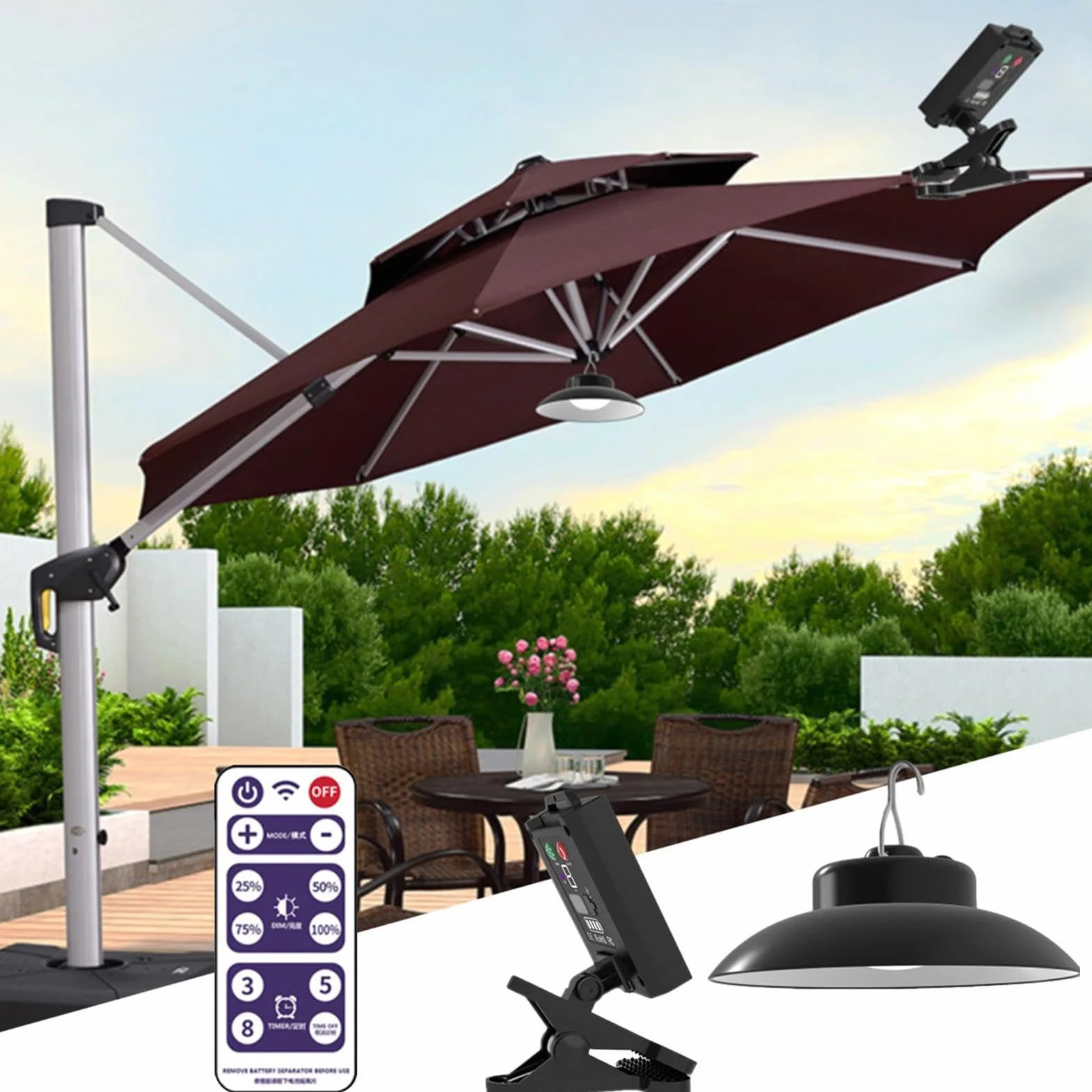 Lampe solaire pour parasol avec télécommande, étanche, LED rechargeable, clipser