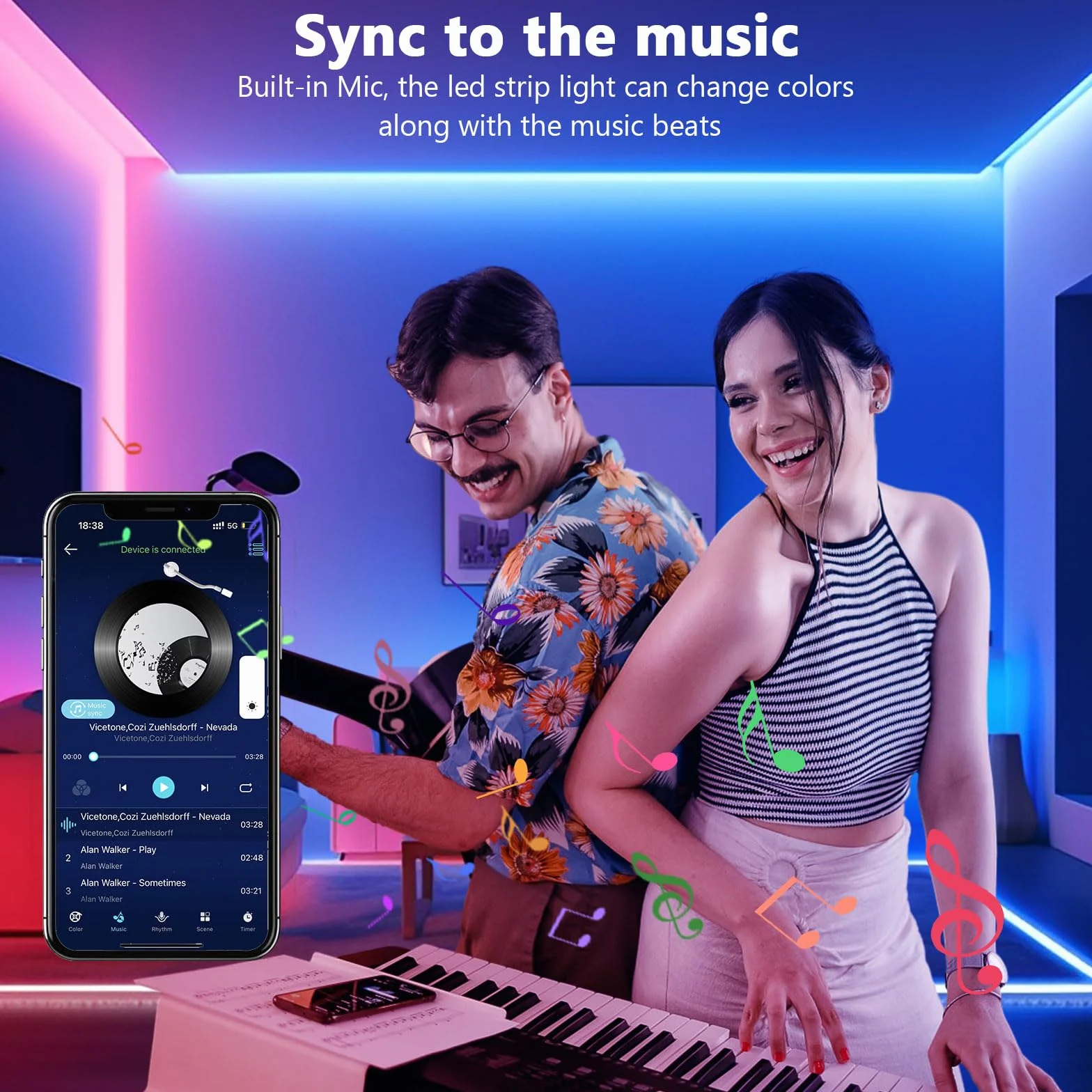 Ruban LED 20m RGB Bluetooth APP Télécommande 44 Touches Bande Lumineuse Chambre Décoration Gaming