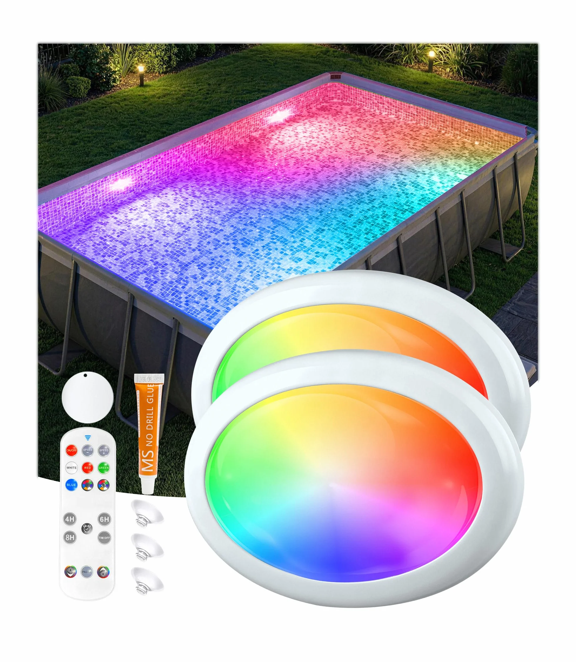 PoolLeader Éclairage Piscine Submersible Rechargeable avec Télécommande, Changement de Couleur, Aimant, Ventouses, 2 Pièces