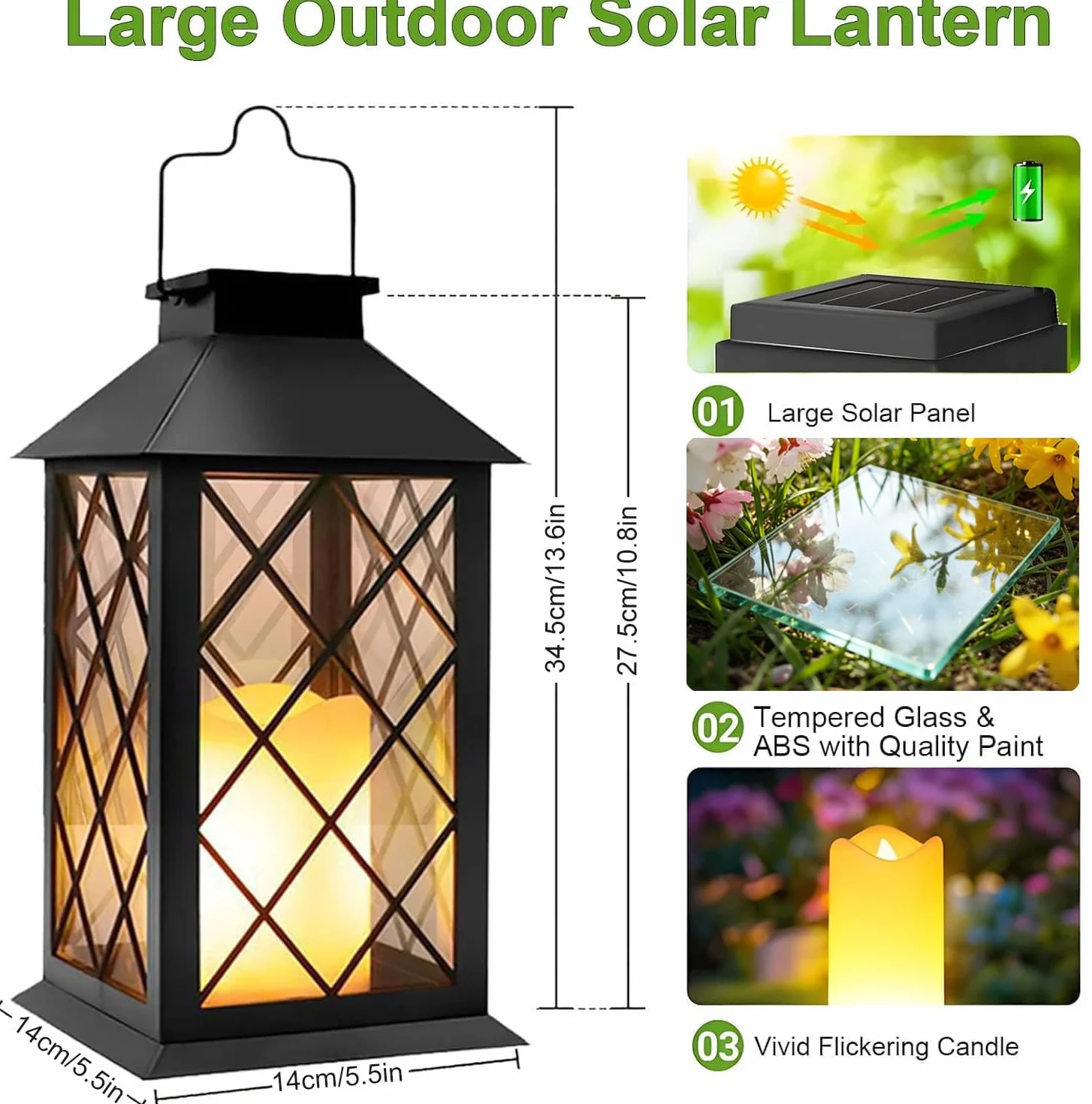 Lanterne Solaire Exterieur 2 Pièces 35cm Lampe Jardin Verre Trempé Étanche Noir
