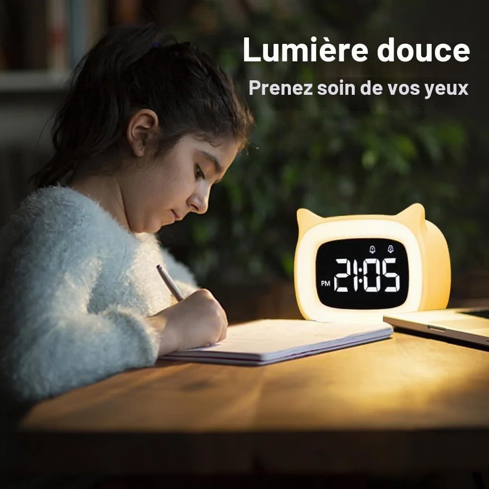 Réveil Enfant Éducatif avec Veilleuse Chat, Lampe Chevet Snooze, 5 Couleurs, 18 Musiques (Jaune)