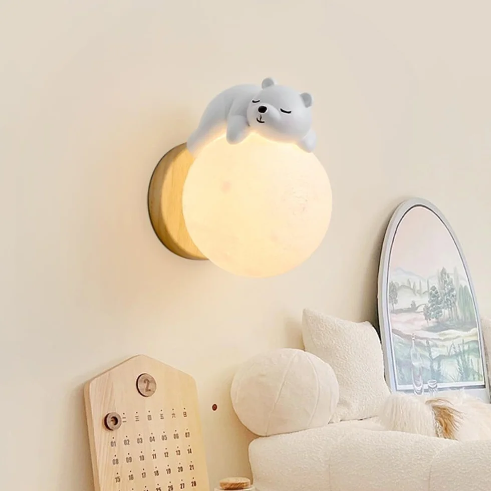 Applique Murale Chambre d'Enfants Lune Moderne Bois Résine Ours Abat-Jour PLA G9 Créatif Chevet Décor Luminaire