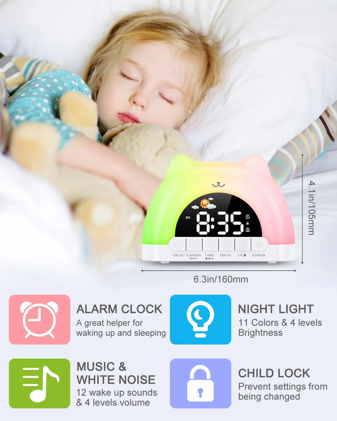 ORIA Réveil Enfant Éducatif Jour/Nuit, Réveil Numérique avec Veilleuse RGB 11 Couleurs, 10 Musiques, Double Alarme