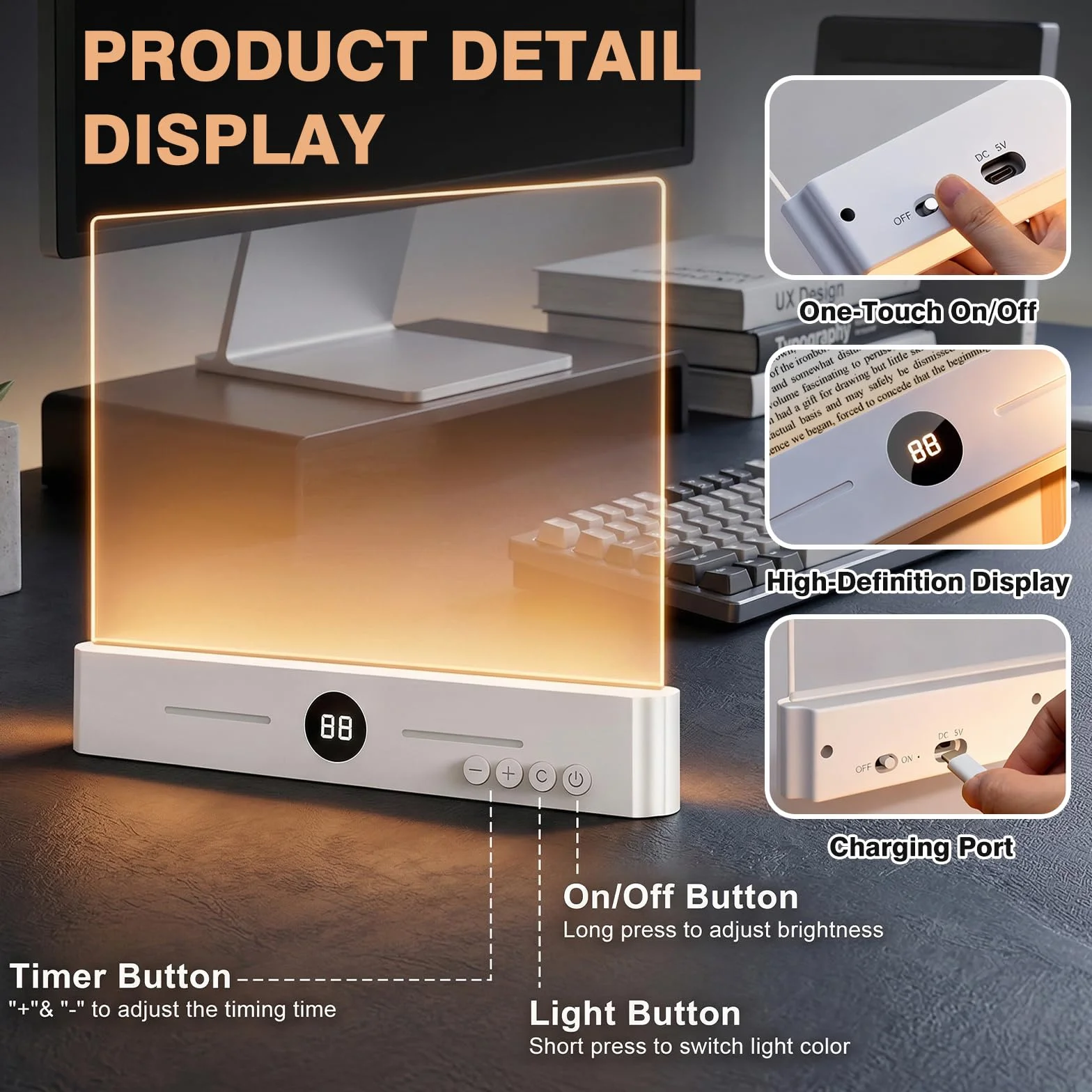 Lampe de Lecture LED Rechargeable 3 Couleurs Intensité Variable Minuterie USB-C