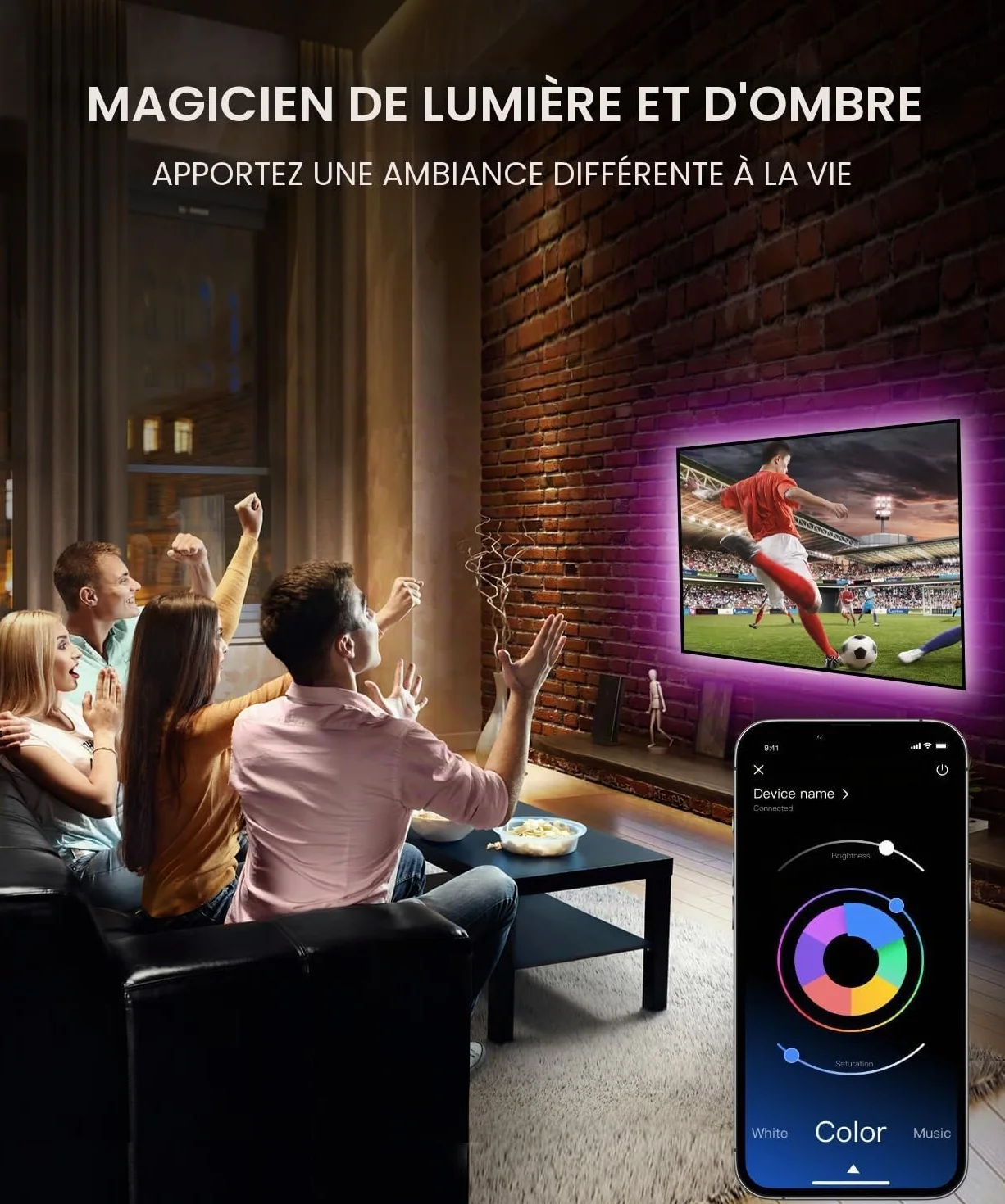 Nexillumi Ruban LED TV RGB Bande Lumineuse LED 4M 55-75 Pouces Musique Sync Bluetooth APP Télécommande USB