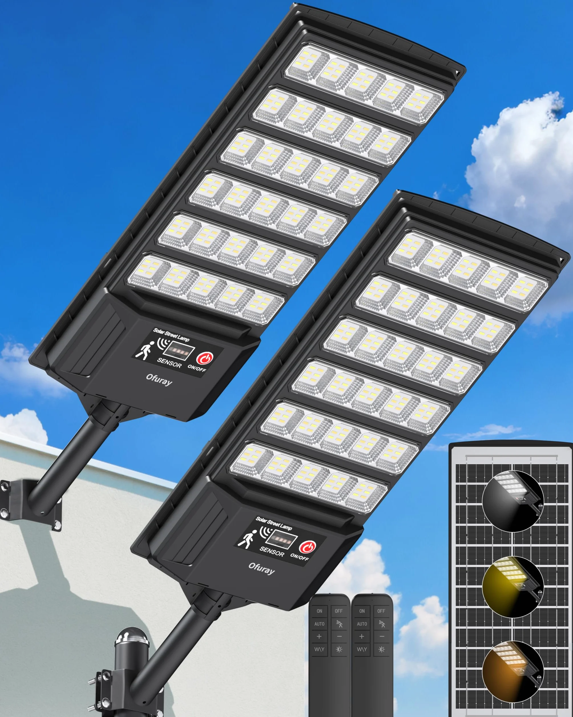 Lampadaire Solaire Exterieur 6AH avec Détecteur de Mouvement, 3 Températures de Couleur 3000K/4000K/6500K, Projecteur LED 2 Pack