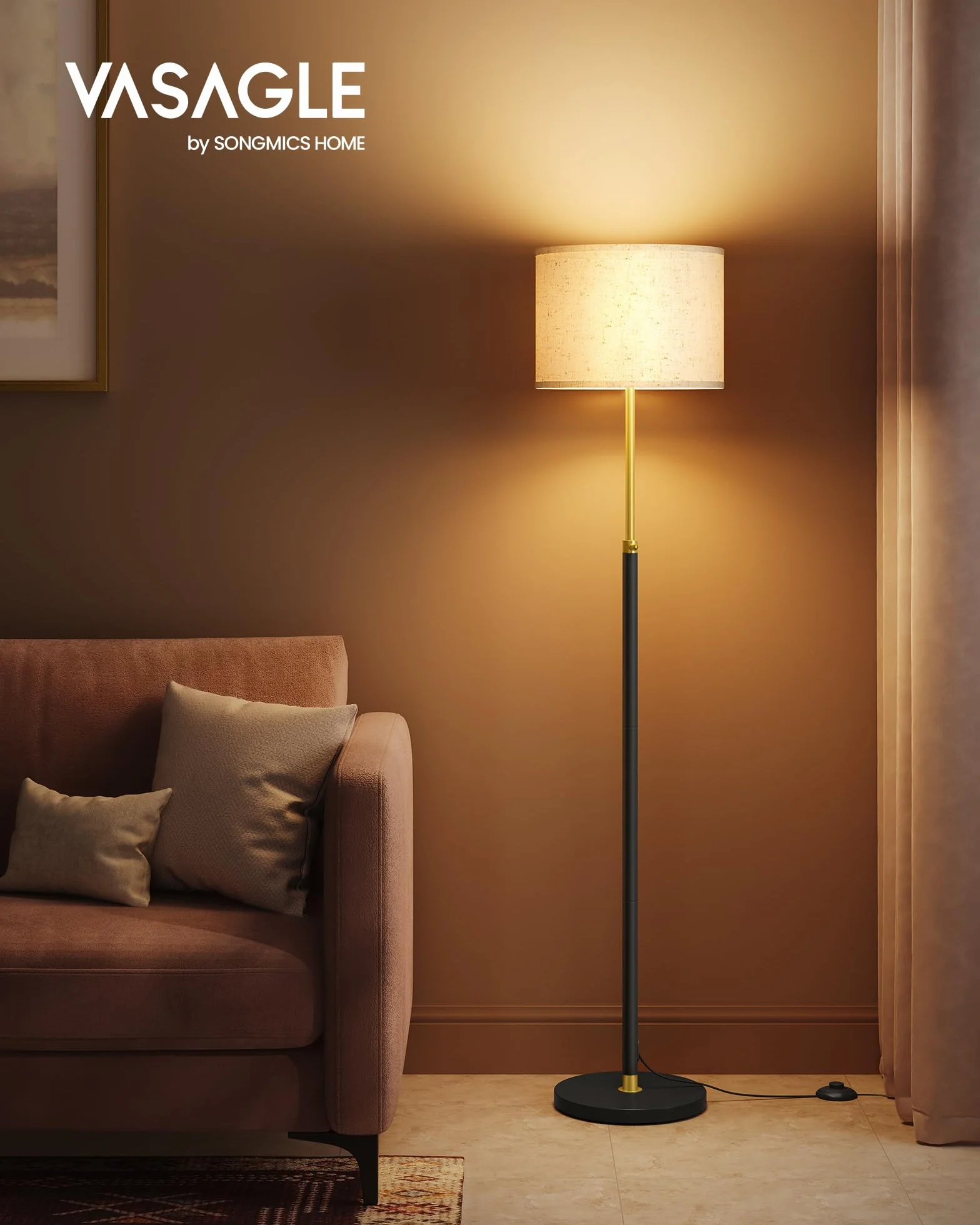 VASAGLE Lampadaire 140-170 cm E27 Doré Noir