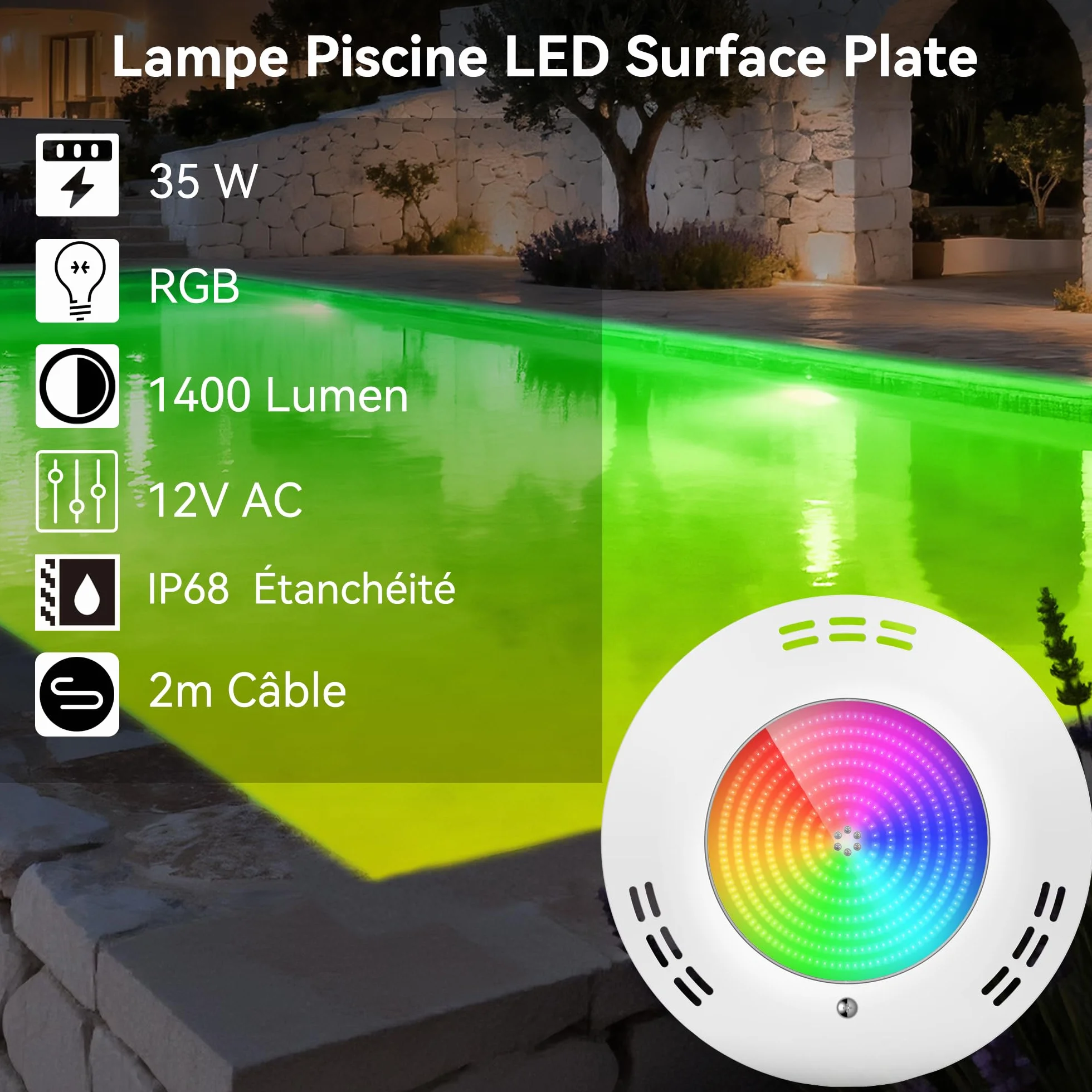 Projecteur Piscine LED 35W RGB Dimmable IP68 12V AC Lot de 2