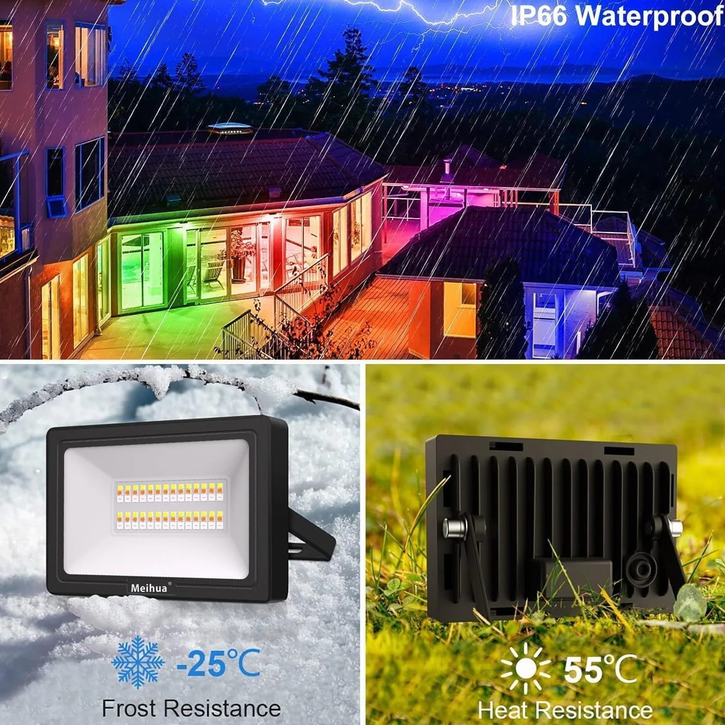 MEIHUA Projecteur RGB Exterieur 35W IP66 Étanche Spot LED 12 Modes 10 Couleurs 360° RF Telecommande