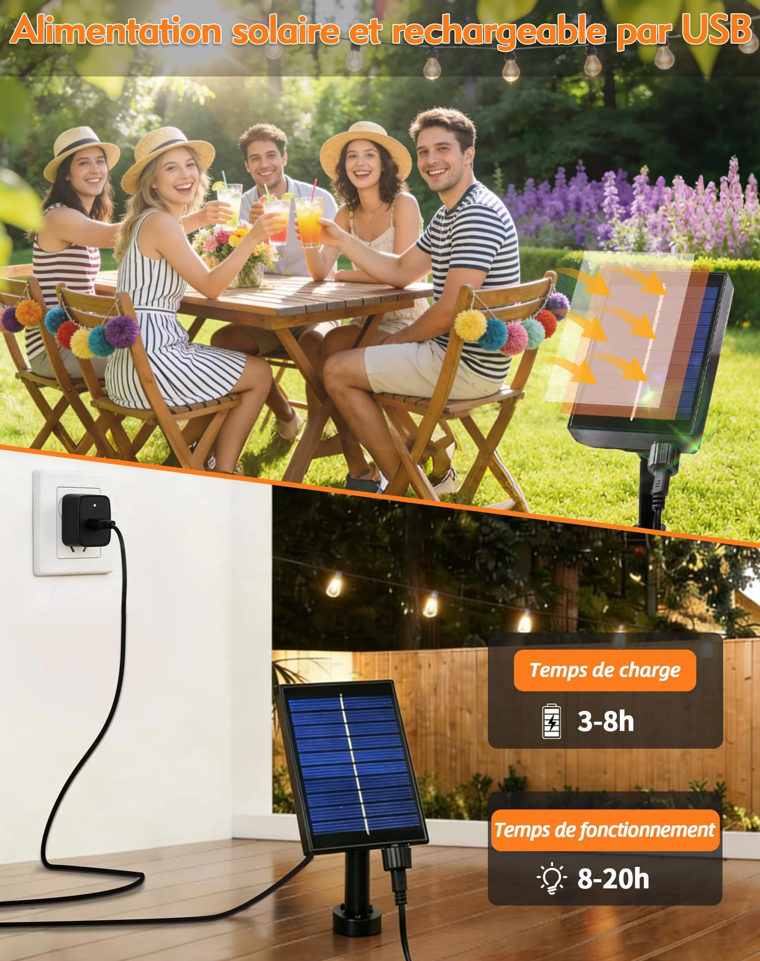 Guirlande Lumineuse Exterieure Solaire LED 10M 15+1 G40 Ampoules 8 Modes IP44 Télécommande