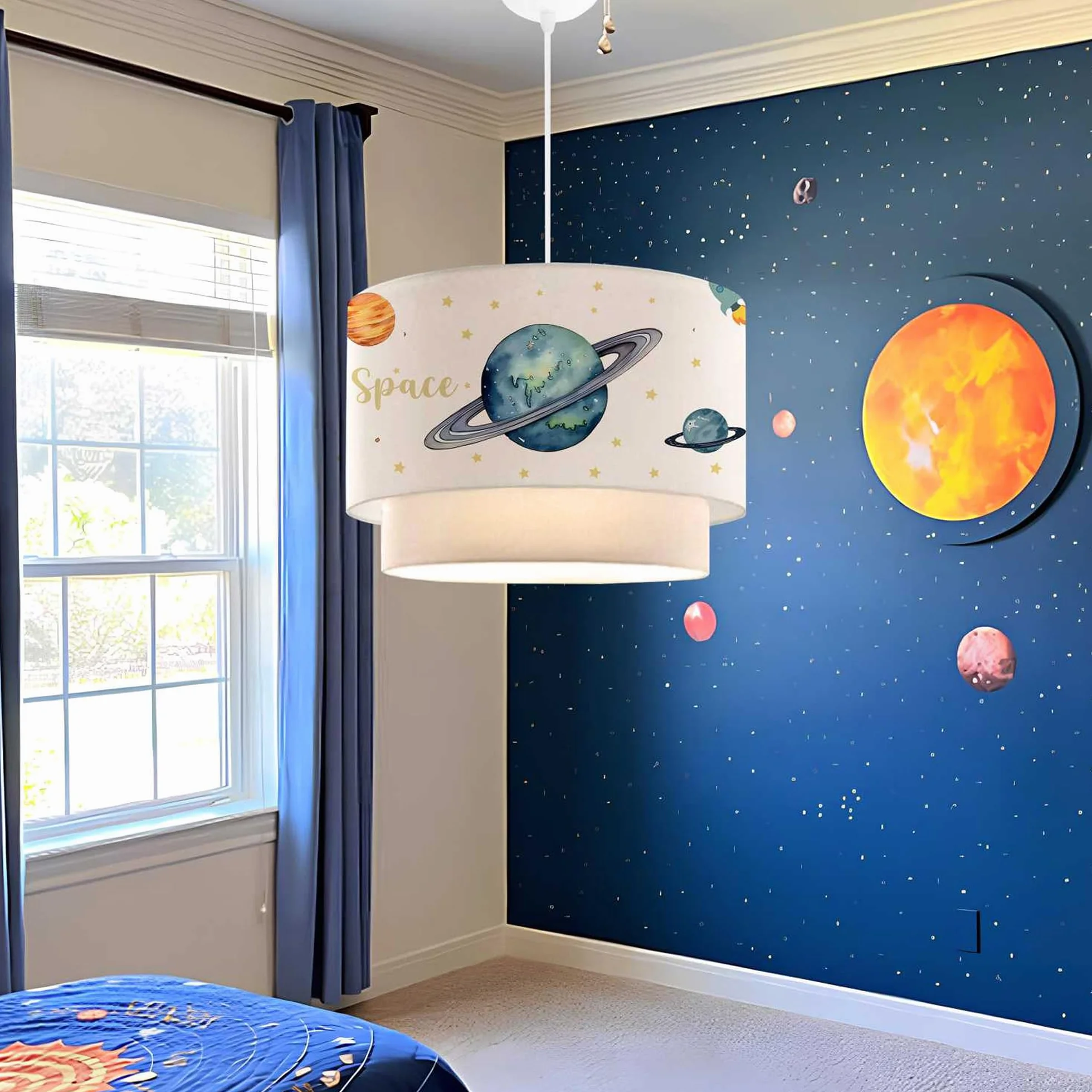Lux.pro Suspension Luminaire Charmante Enfant Plafonnier Lustre Lampe à Suspendre Abat-jour Double E27 Plastique Tissu Hauteur 70 cm Motif Planètes Blanc