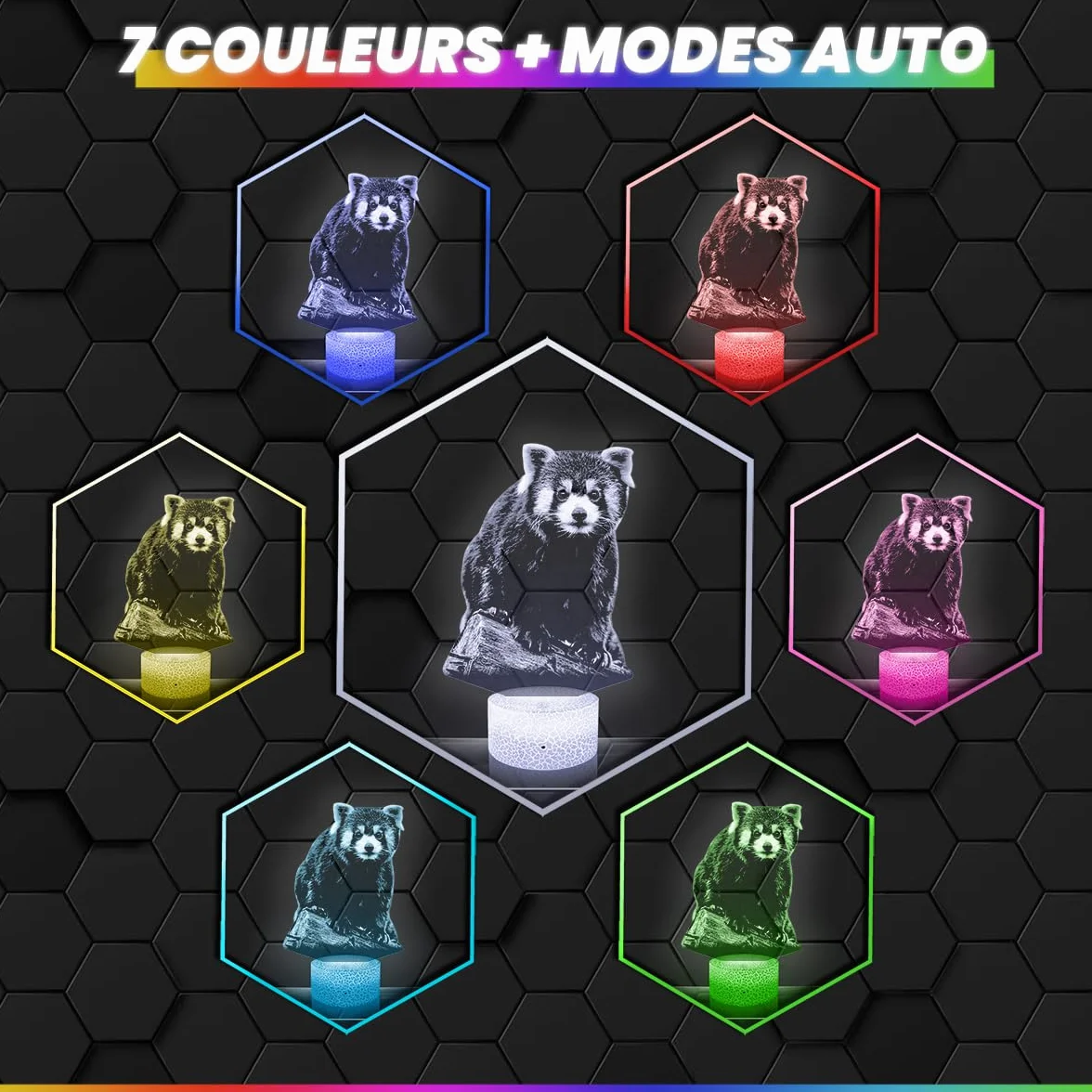 Lampe 3D Panda Roux Décoration Animal Sauvage Asie, Veilleuse Adulte Déco Chambre, Effet Hologramme