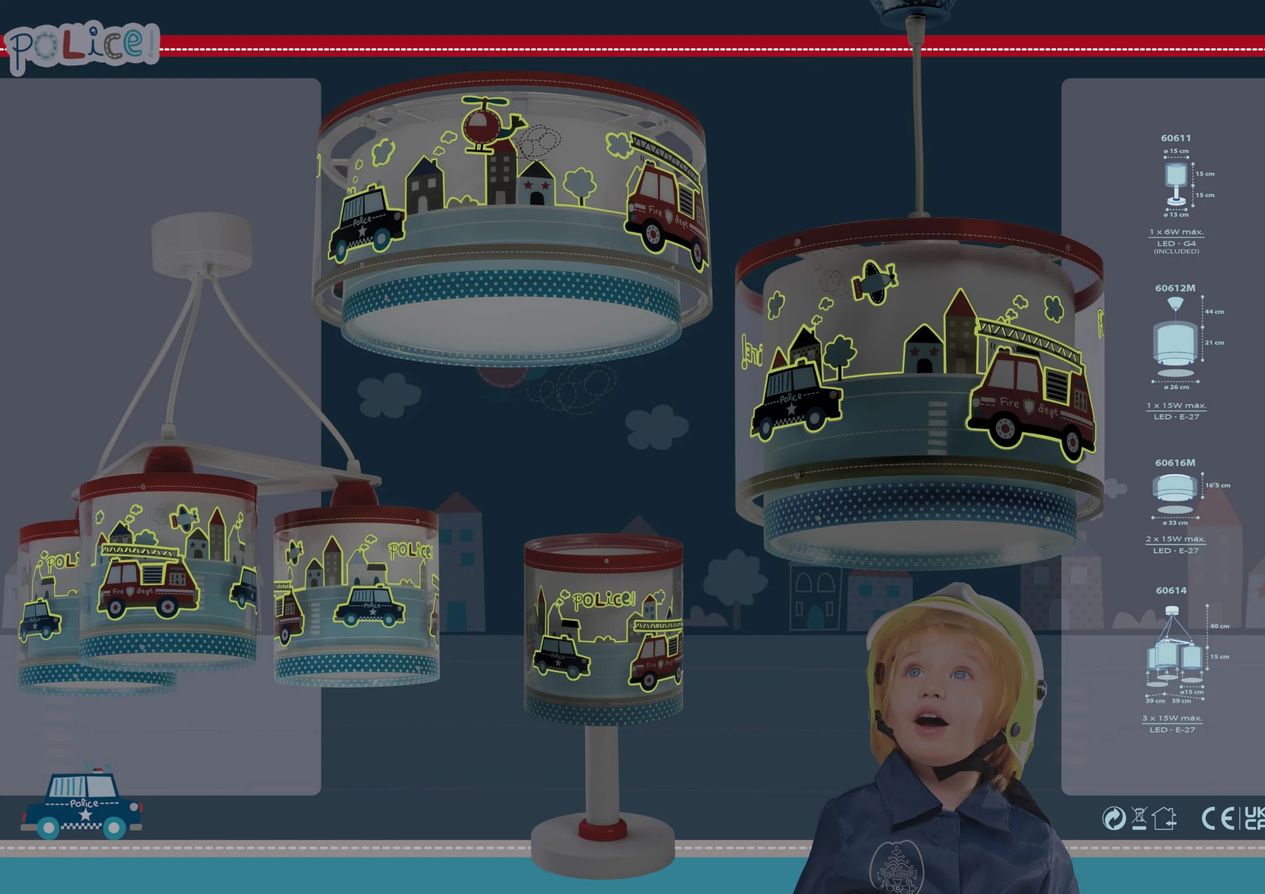 Dalber Lampe de chevet enfant Police Pompiers G4 LED 4 W Bleu