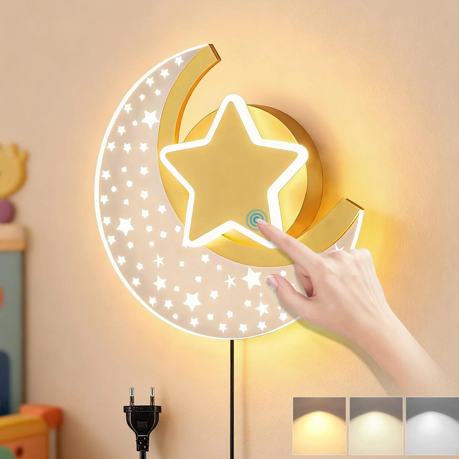 Applique Murale LED Interieur avec Prise Dimmable Lune Contrôle Tactile Lumière Mural Métal Chambre Enfants
