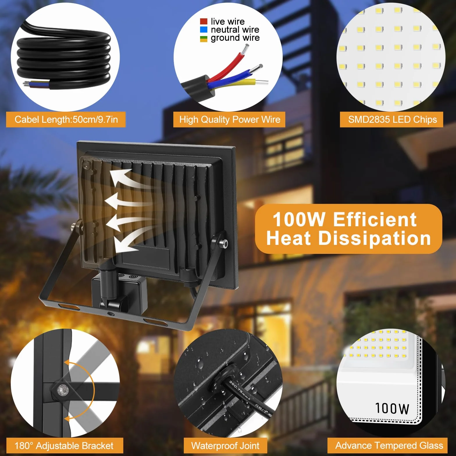 Projecteur LED 100 W extérieur 10 000 lm 7000 K IP67 avec détecteur de mouvement télécommande blanc froid