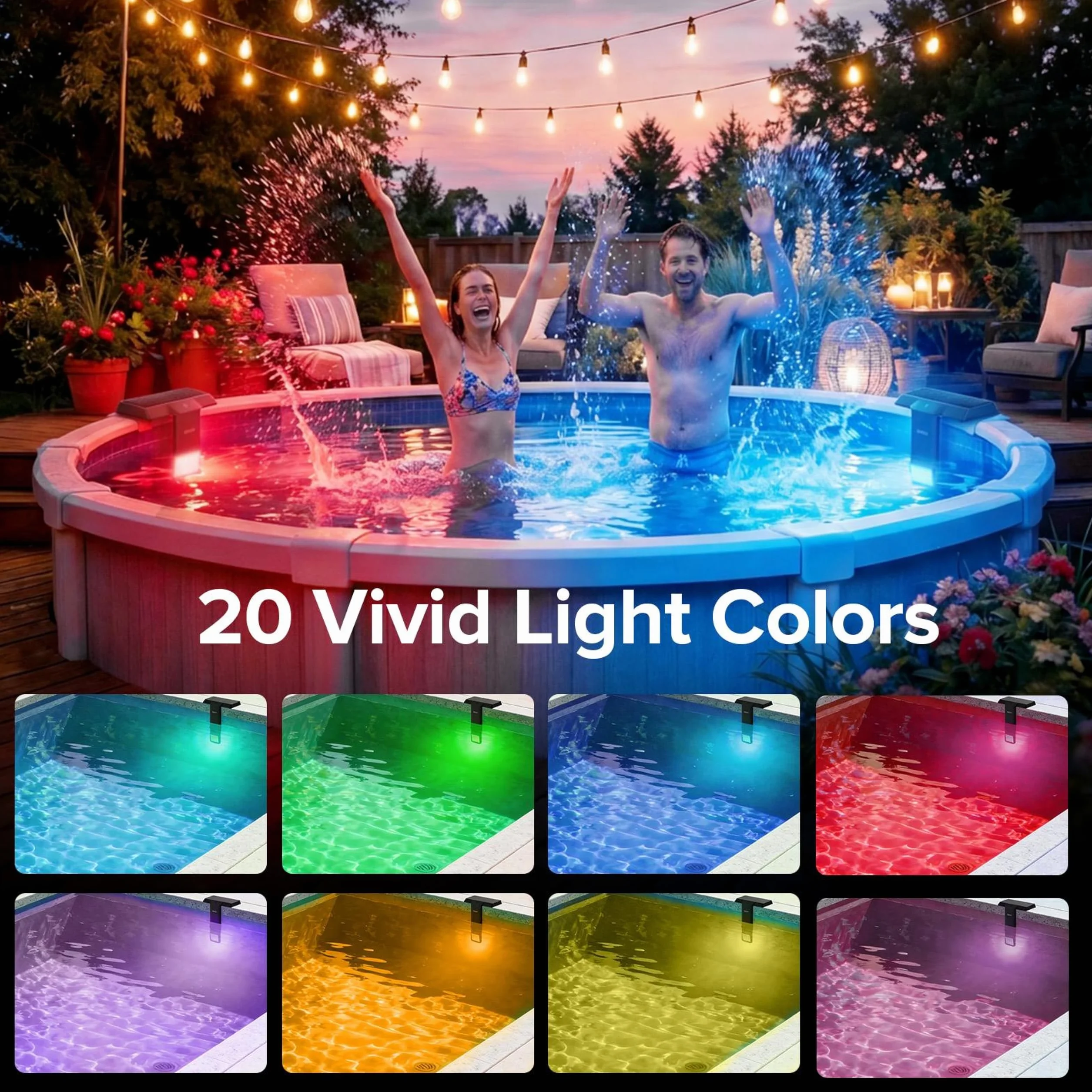 SANSI Lampe Solaire Piscine LED Submersible IP68 Grand Angle 150° RGB USB-C Télécommande