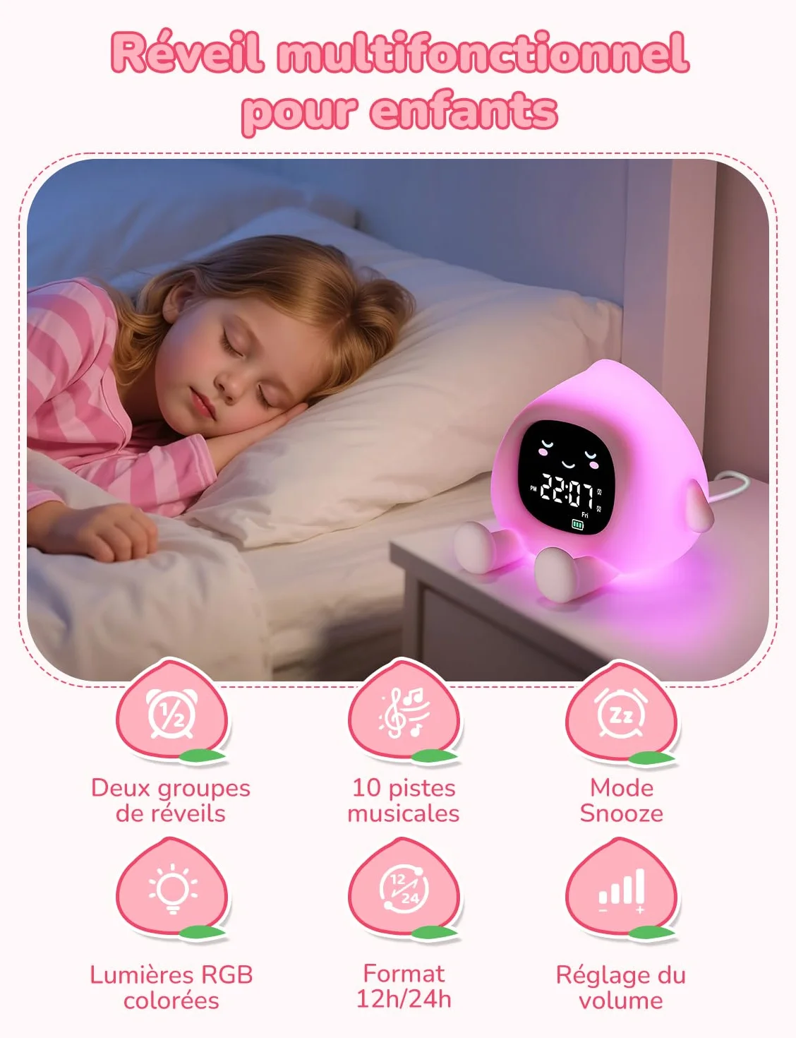 Réveil Enfant Éducatif Jour/Nuit 2 Alarme 7 Couleurs 30s Arrêt Automatique Luminosité Réglable Bruit Blanc 12/24 Heure Snooze 10 Chansons