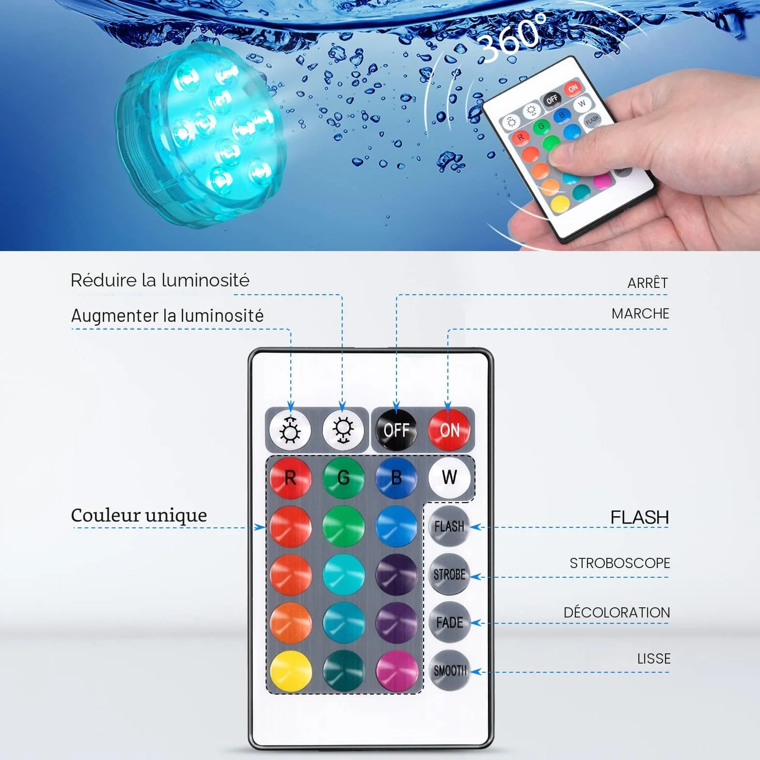 Lumières submersibles LED RGB étanches avec télécommande et batterie pour piscine spa aquarium