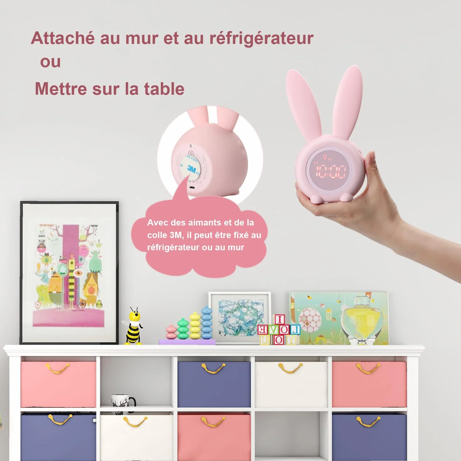YONGYAO Réveil pour Enfants Lapin Lumineux avec Fonction Snooze, Installation Aimantée, Rose