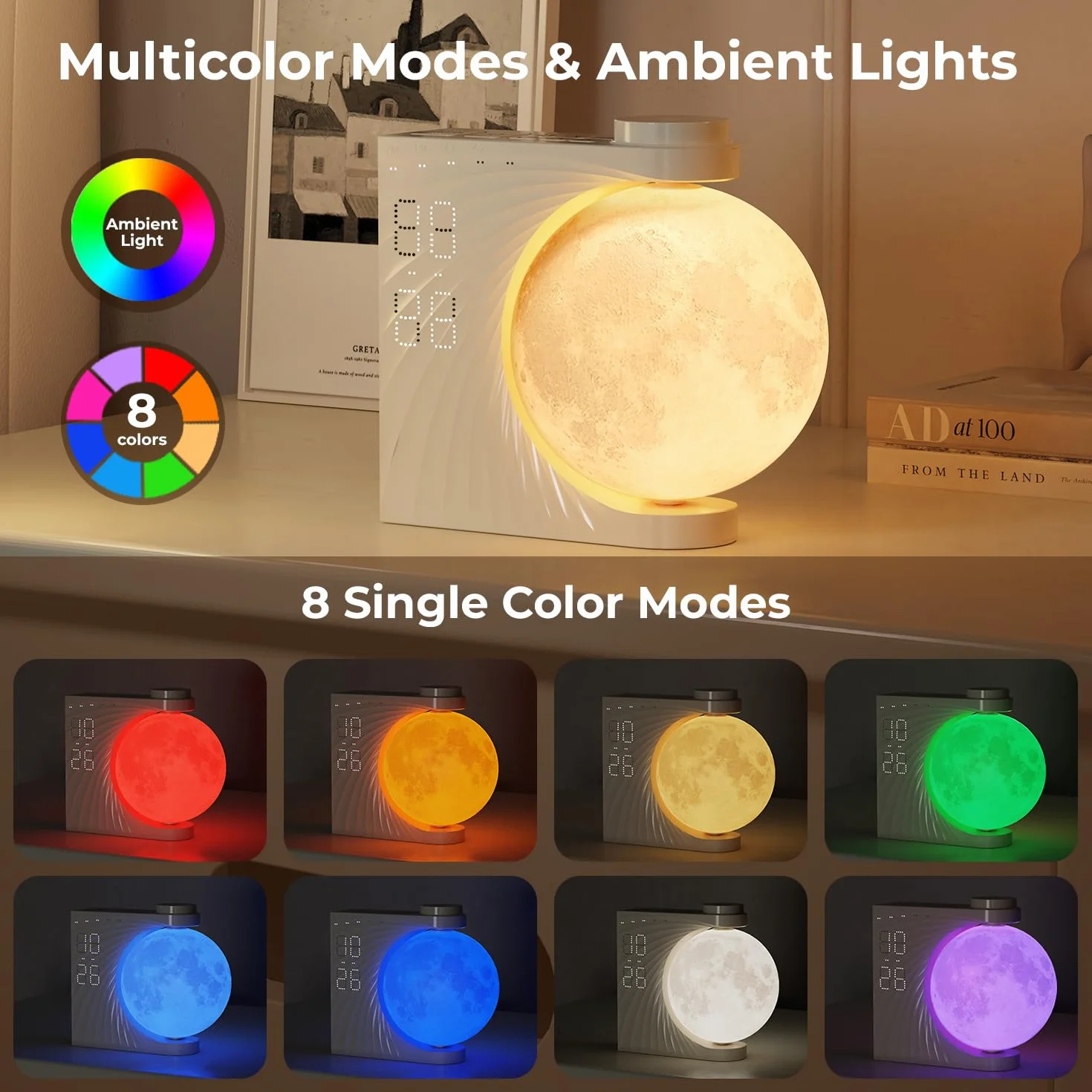 Lampe de Lune avec Réveil Lumineux LED 8 Couleurs, Machine Sonore, Double Alarme, Snooze, 10 Sons Nature