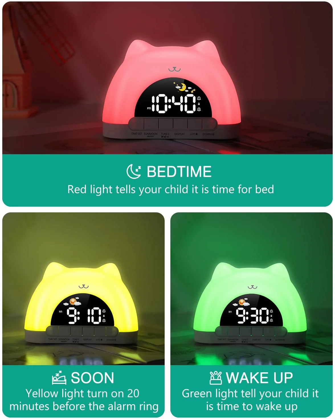 ORIA Réveil Enfant Éducatif Jour/Nuit, Réveil Numérique avec Veilleuse RGB 11 Couleurs, 10 Musiques, Double Alarme