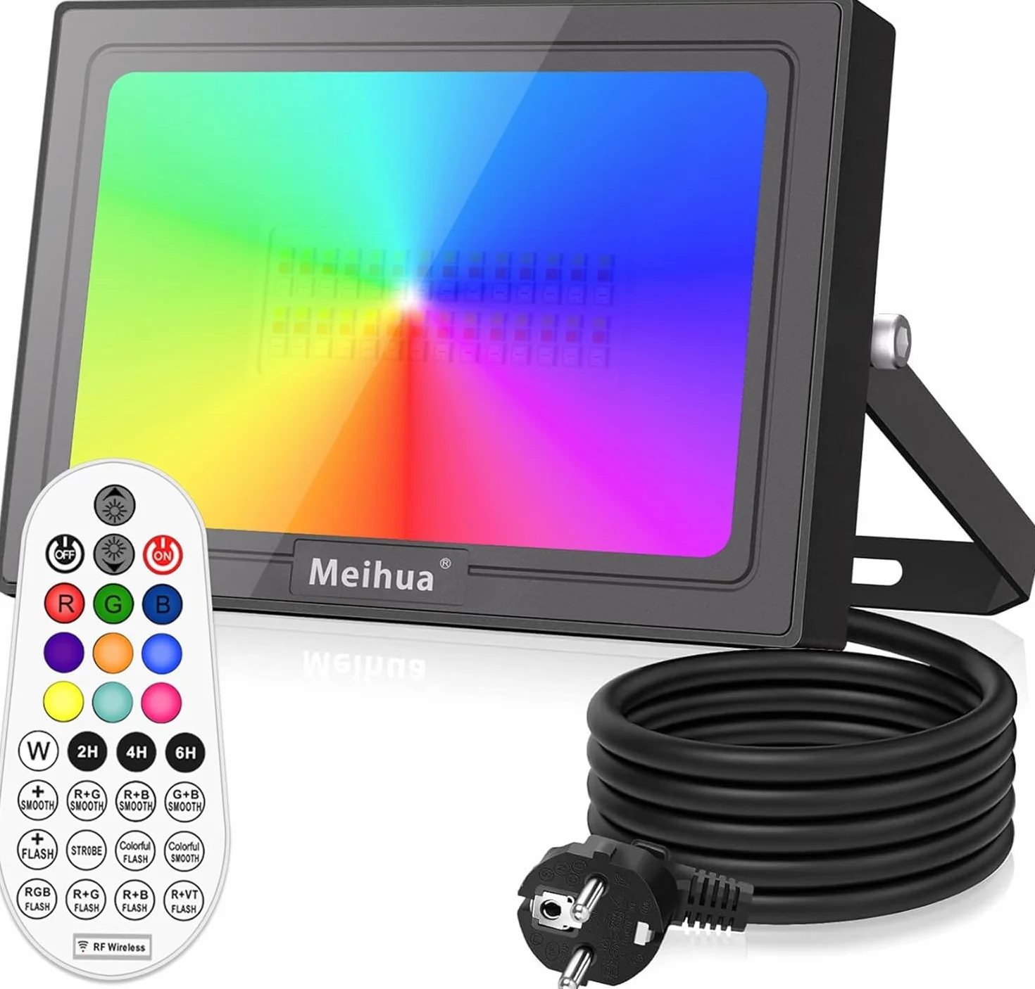 MEIHUA Projecteur RGB Exterieur 35W IP66 Étanche Spot LED 12 Modes 10 Couleurs 360° RF Telecommande