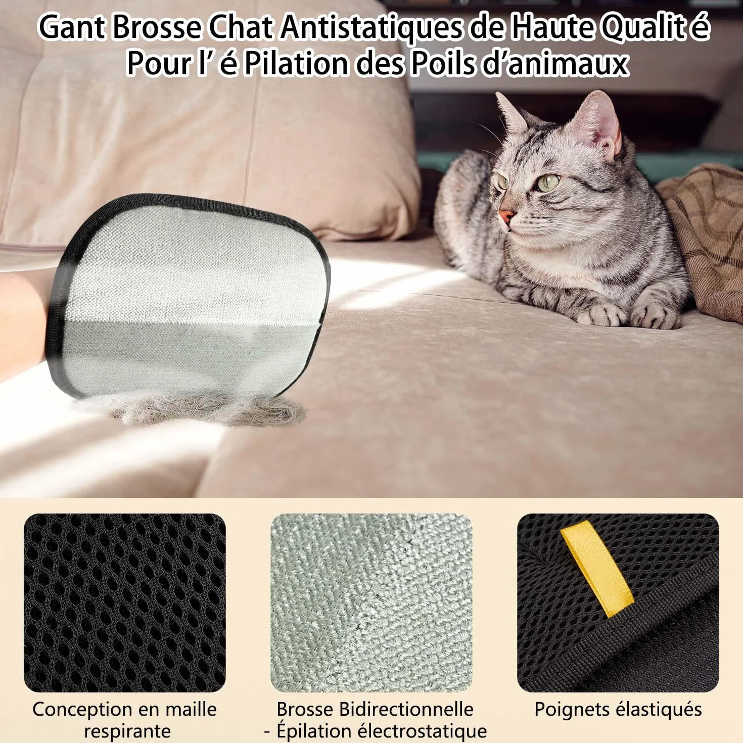 Gant Anti Poils Animaux Double Face Réutilisable Brosse pour Lavage Démêlage Toilettage Canapé Meubles Tapis Siège Auto