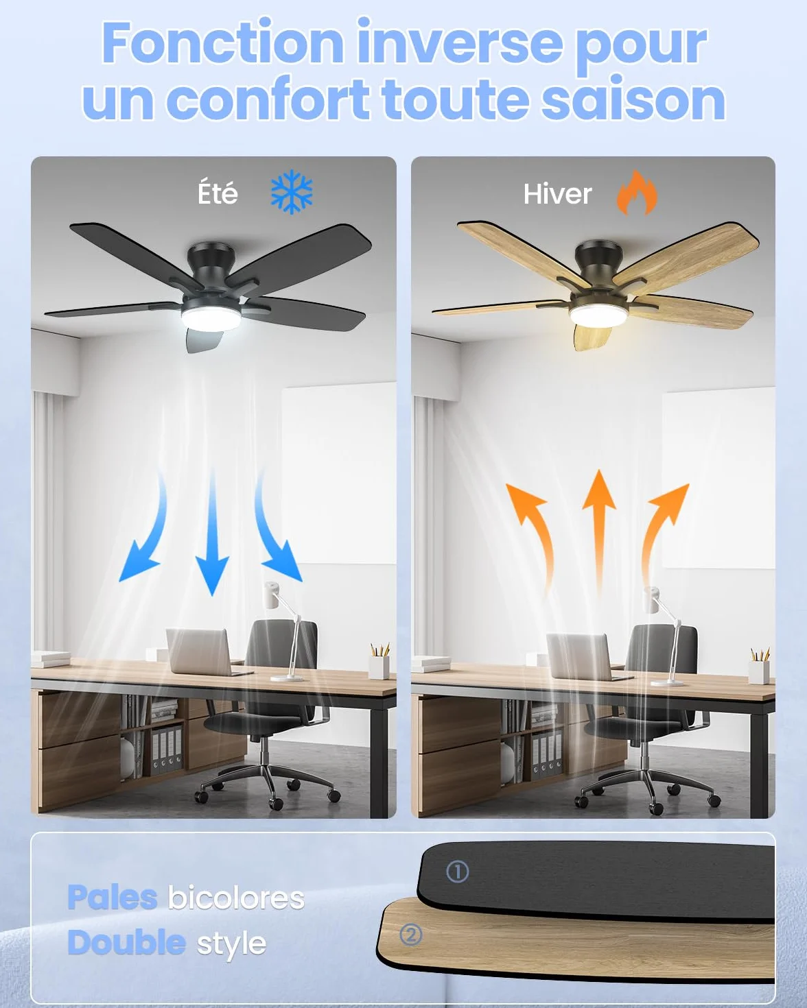 Airwit Ventilateur Plafond 106cm avec Lumiere Double Face Pale Silencieux LED Telecommande Reversible DC Moteur