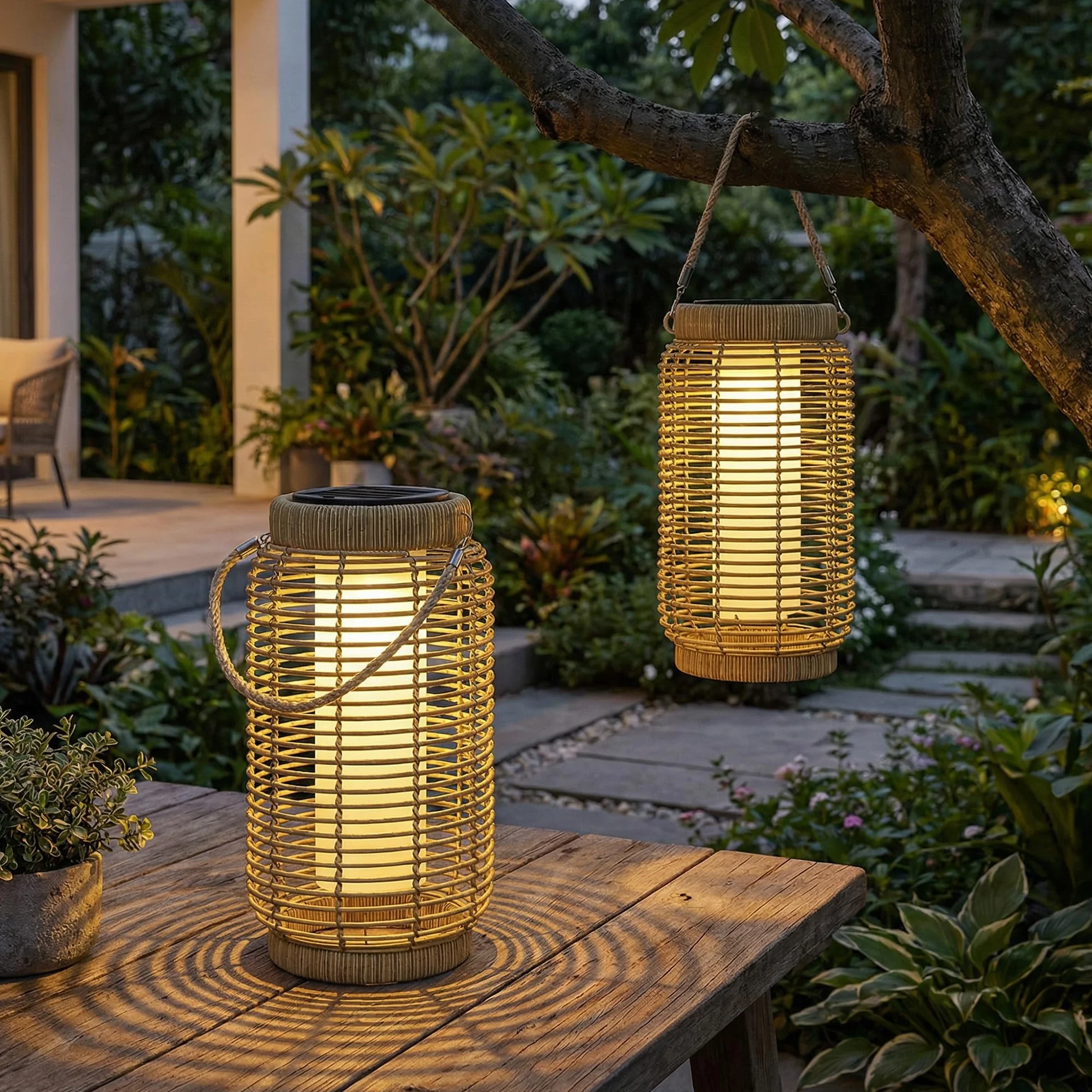 Outsunny Lampadaire d'Extérieur Solaire Lot de 2 LED Jardin Résine Tressée Acier Ø18 x 37 cm Sable