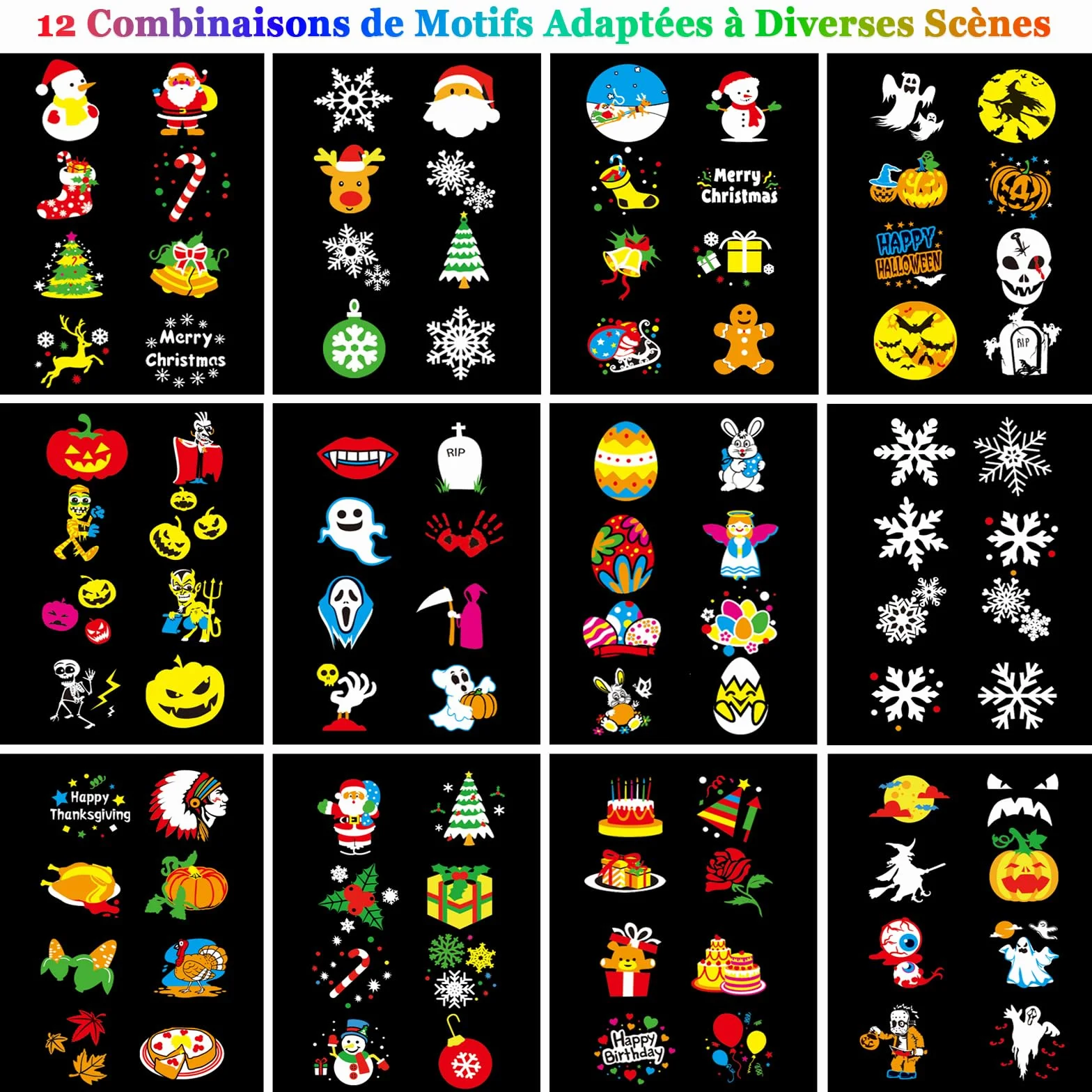 Projecteur Noël Extérieur Intérieur Étanche 12 HD Diapositives Télécommande Lampe Flocon Neige Décoration Halloween Anniversaire