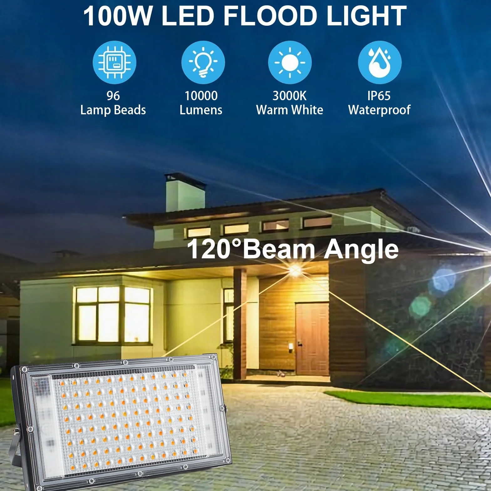CREATESTAR 100W Projecteur LED Exterieur 10000LM Superlumineux 3000K Blanc Chaud IP65 étanche