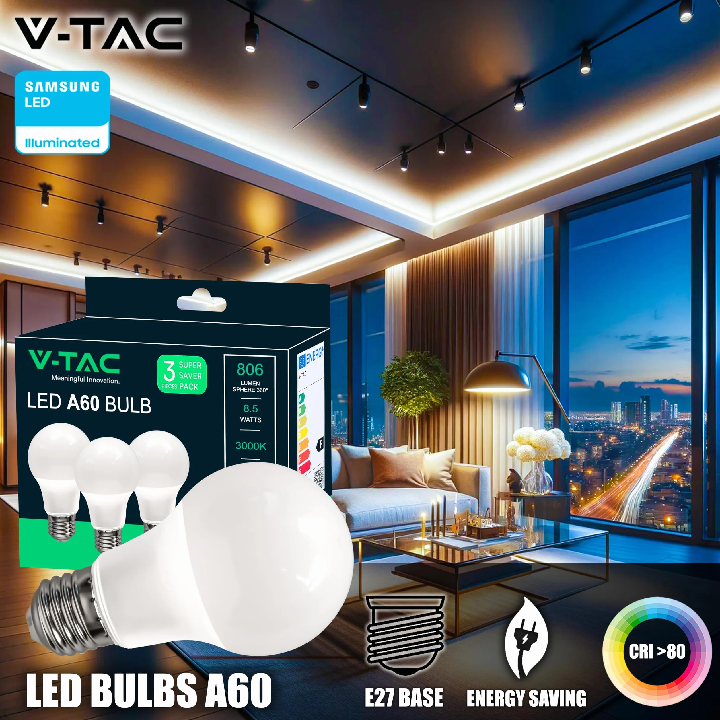 V-TAC Ampoules LED E27 8,5W 806 Lumen 6500K Blanc Froid Lot de 3
