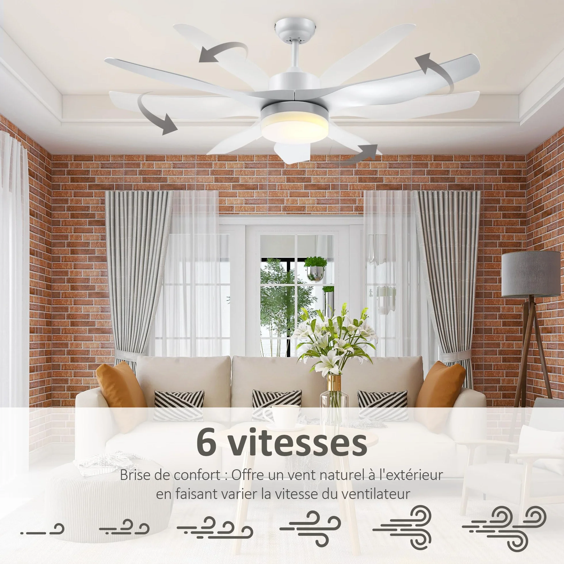 HOMCOM Ventilateur de Plafond avec Lumière et Télécommande, 132 cm, Moteur DC Silencieux, 3 Pales ABS, 6 Vitesses, Blanc