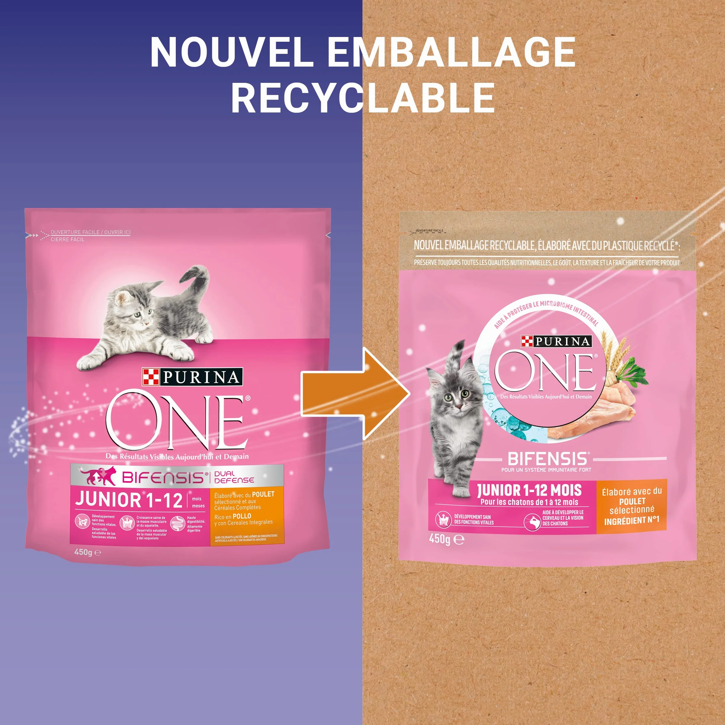 PURINA ONE BIFENSIS JUNIOR Croquettes Chaton jusqu'à 12 mois Chattes Gestation Poulet 450g