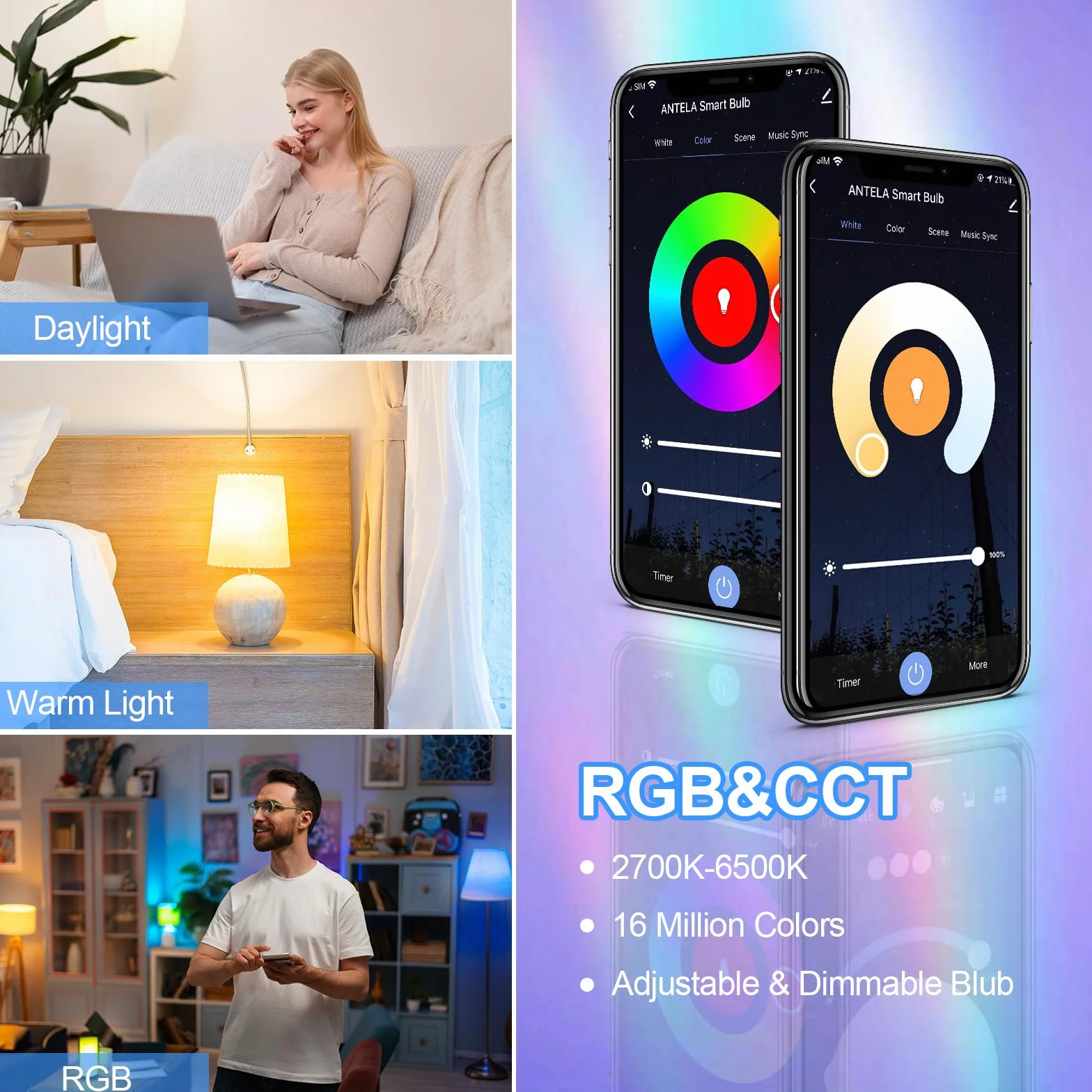 ANTELA Ampoule Connectée E27 C37 4,9W 470LM LED Intelligente RGB+CCT 2700K-6500K Compatible Alexa Google Home 4PCs