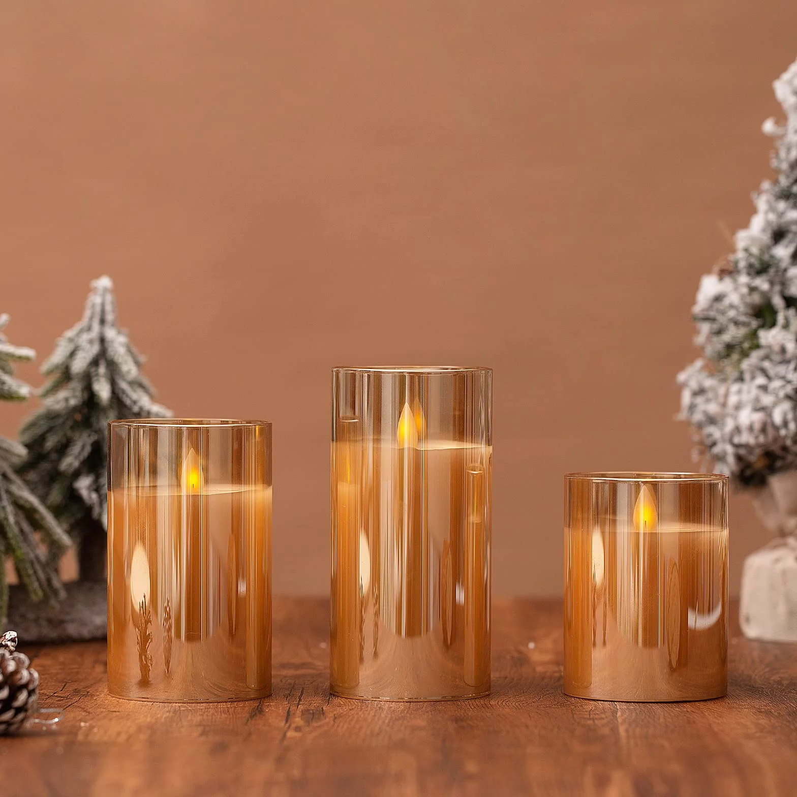 Bougies LED Sans Flamme 10-15cm Piliers Verre Doré avec Télécommande et Minuterie