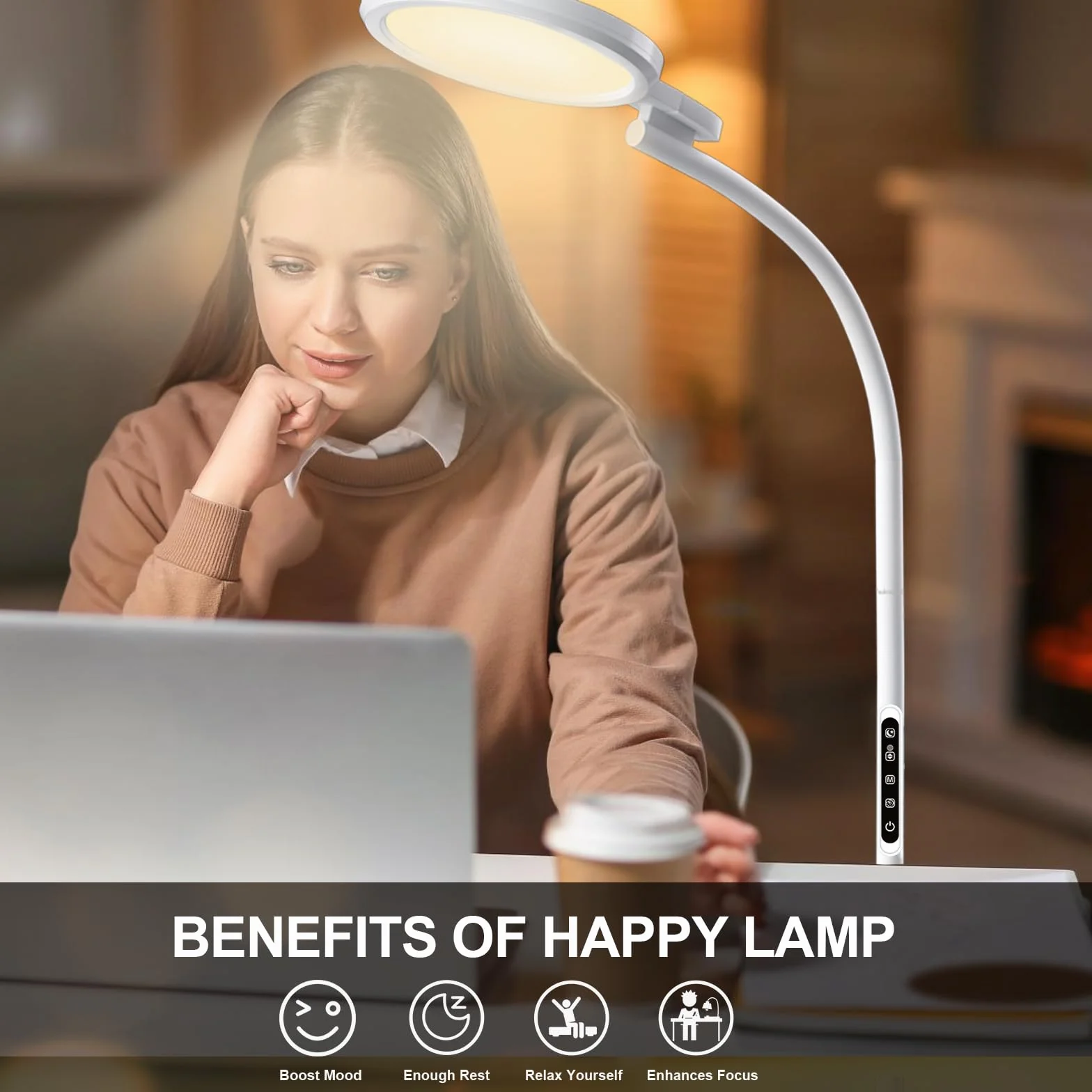 Lampe Luminothérapie 10000 Lux Lampadaire Rond 3-en-1 Télécommande Contrôle Tactile Col de Cygne Ajustable