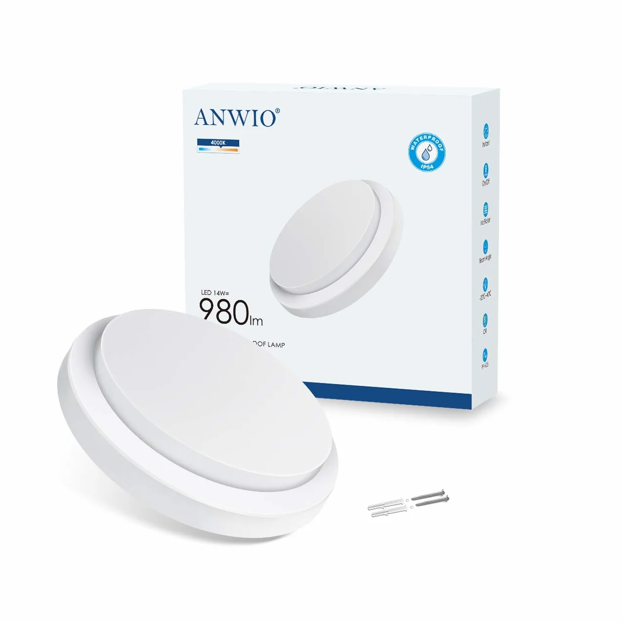 ANWIO Eclairage extérieur LED 14W 4000K 980lm IP54 Applique Murale Rond Blanc 1 pièce