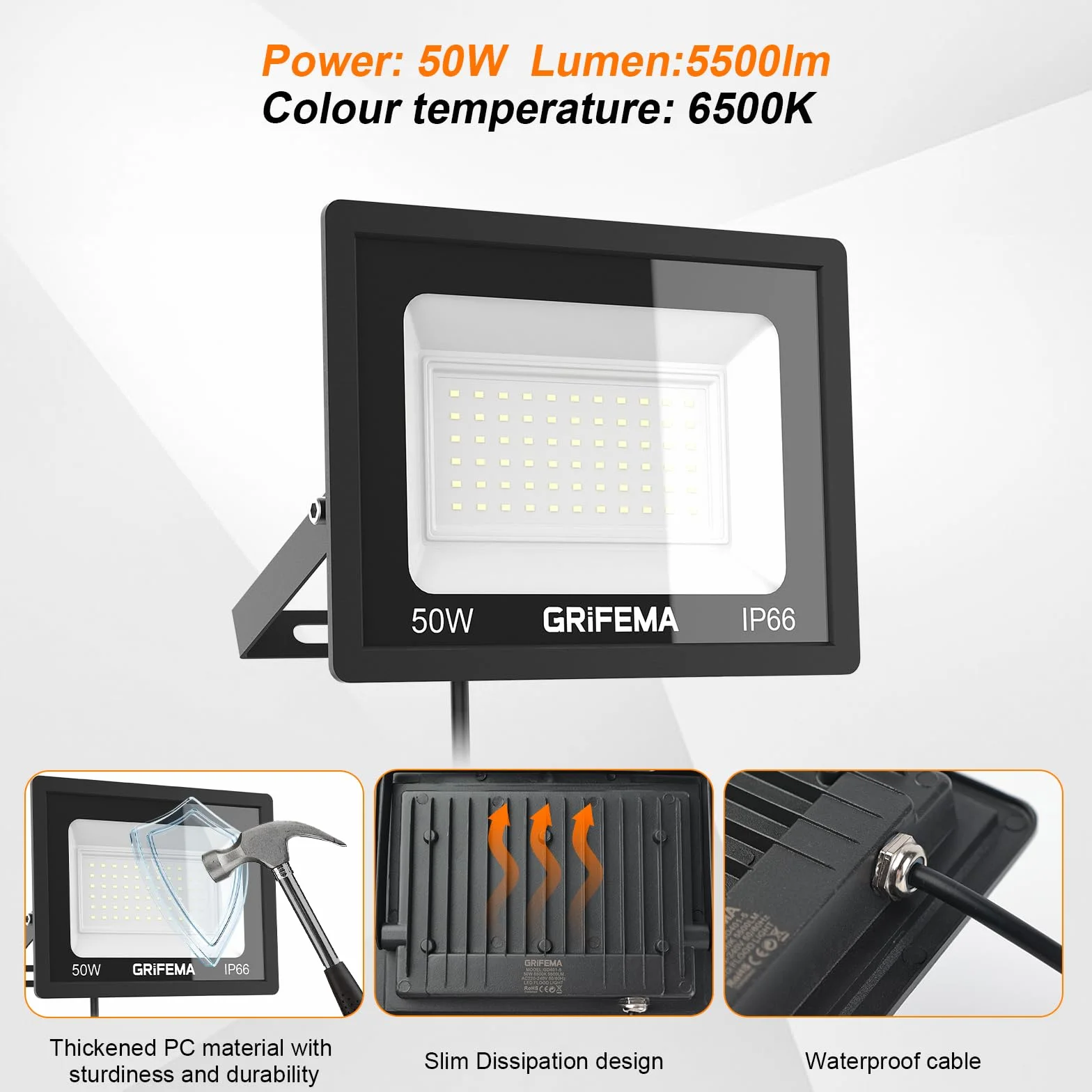 GRIFEMA Projecteur LED Extérieur 50W 5500LM 6500K Blanc Froid IP66 Étanche