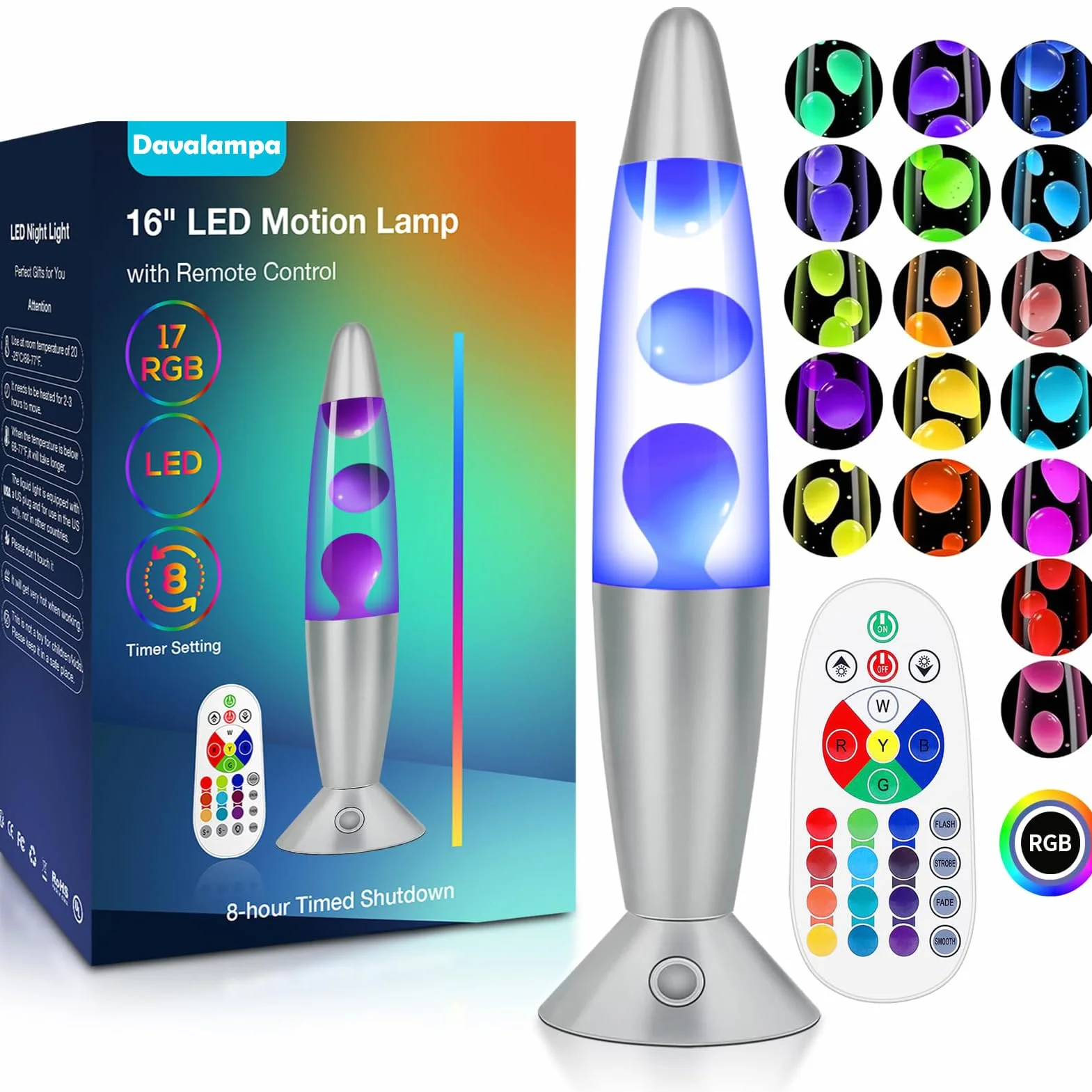 Lampe à Lave XXL LED 17 Couleurs avec Télécommande, Lampe à Mouvement Liquide 42cm, Veilleuse Cadeau Anniversaire Noel