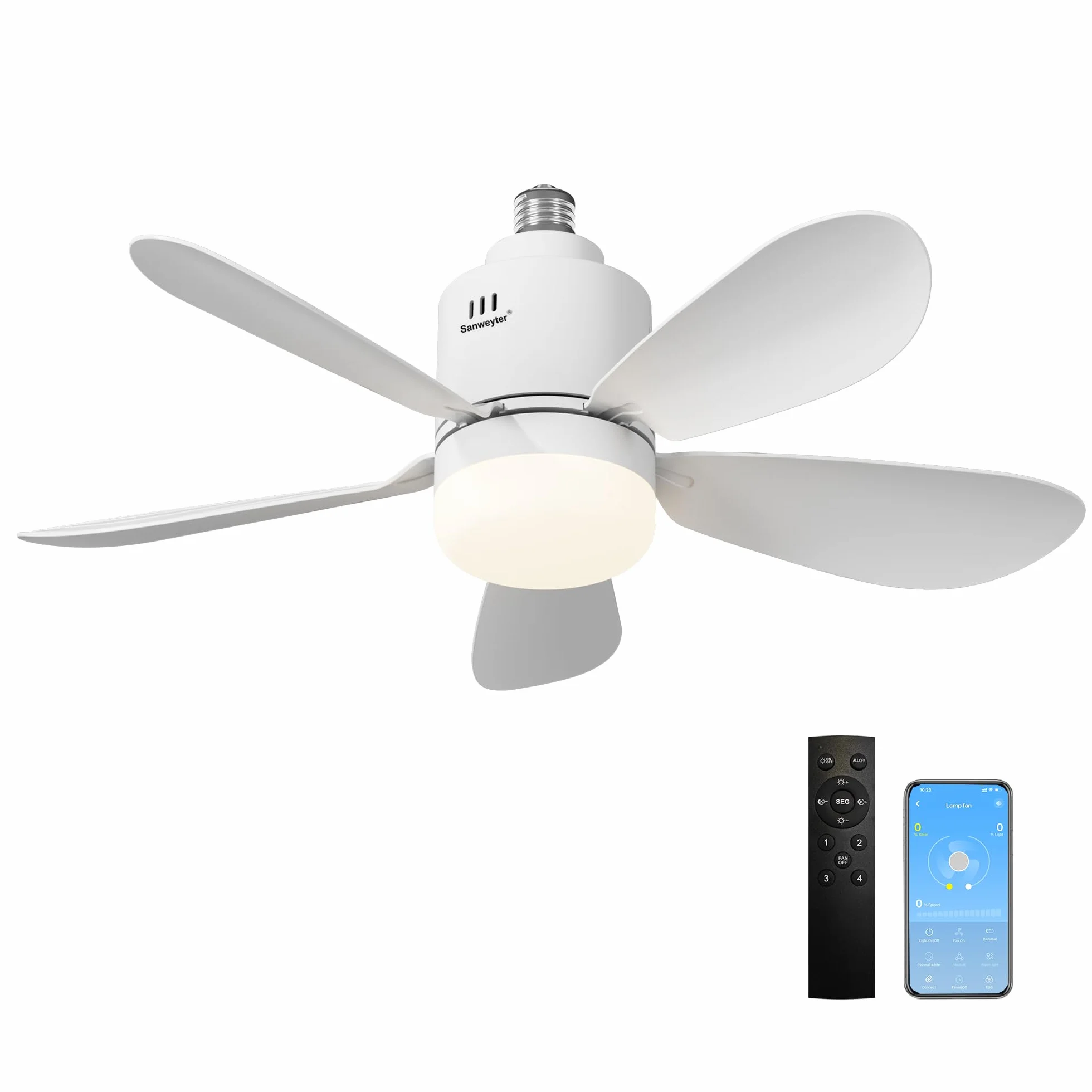 Ventilateur de Plafond avec Lumière et Télécommande, 53cm LED Dimmable 24W E27, 5 Pales, 4 Vitesses