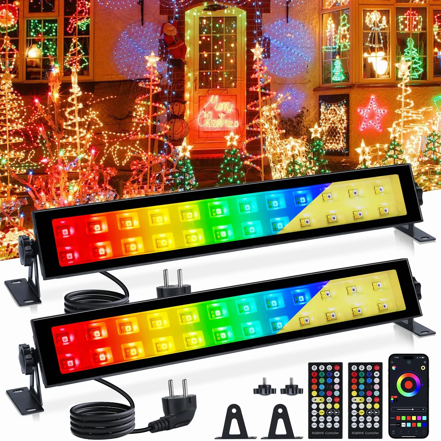 VAYALT 48W Projecteur LED RGB Exterieur, 2 PCS Barre LED RGB avec Télécommande, 16 Millions de Couleurs