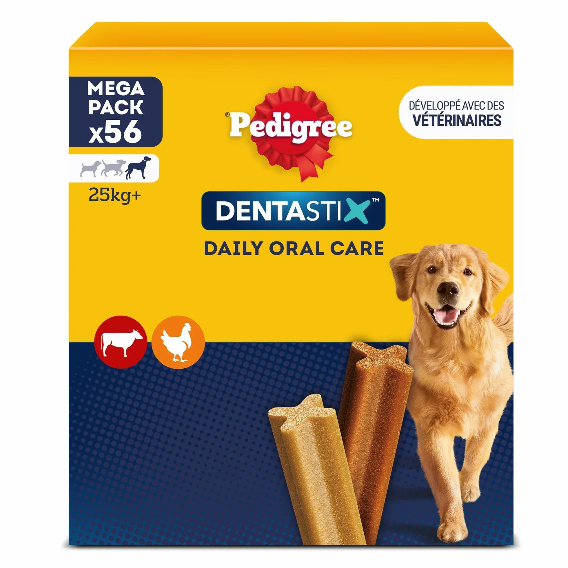 Pedigree DENTASTIX 56 Bâtonnets à Mâcher pour Grand Chiens 25kg+, 8 Sachets de 7, Saveur Poulet et Bœuf