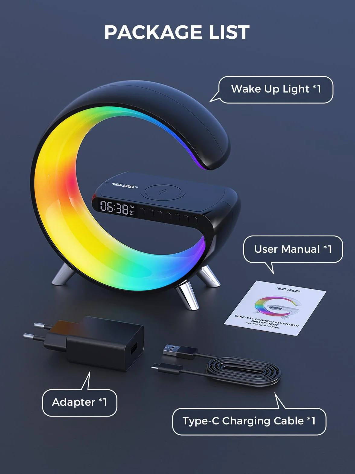 Smiling Shark Lampe Ambiance Réveil avec Charge Sans Fil Bluetooth Simulateur Aube Dimmable