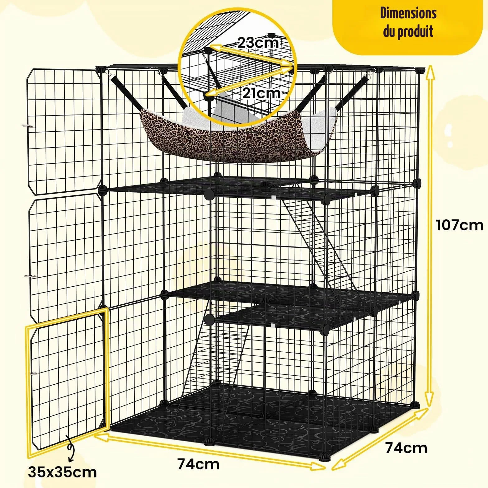 FANTASK Grande Cage à Chat 3 étages Fil métallique avec fenêtre Toit, hamac, 74 x 74 x 107 cm Noir