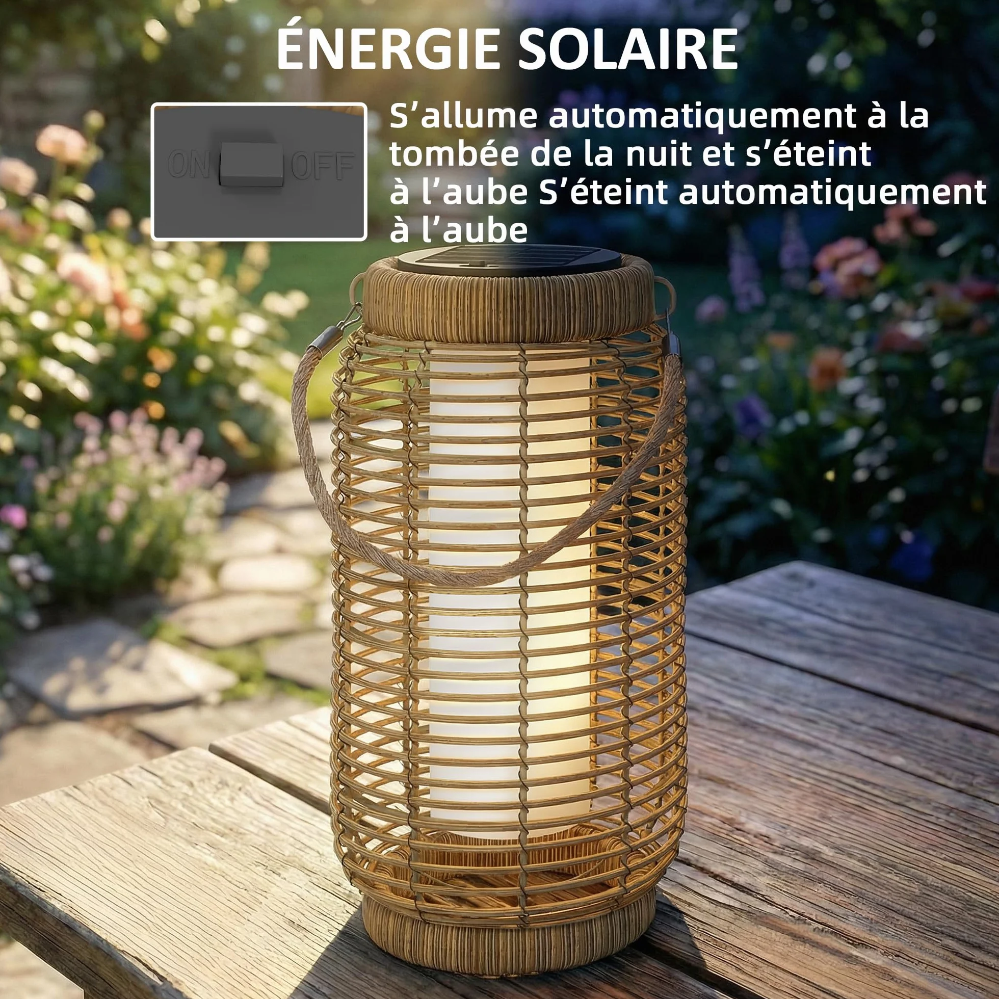 Outsunny Lampadaire d'Extérieur Solaire Lot de 2 LED Jardin Résine Tressée Acier Ø18 x 37 cm Sable