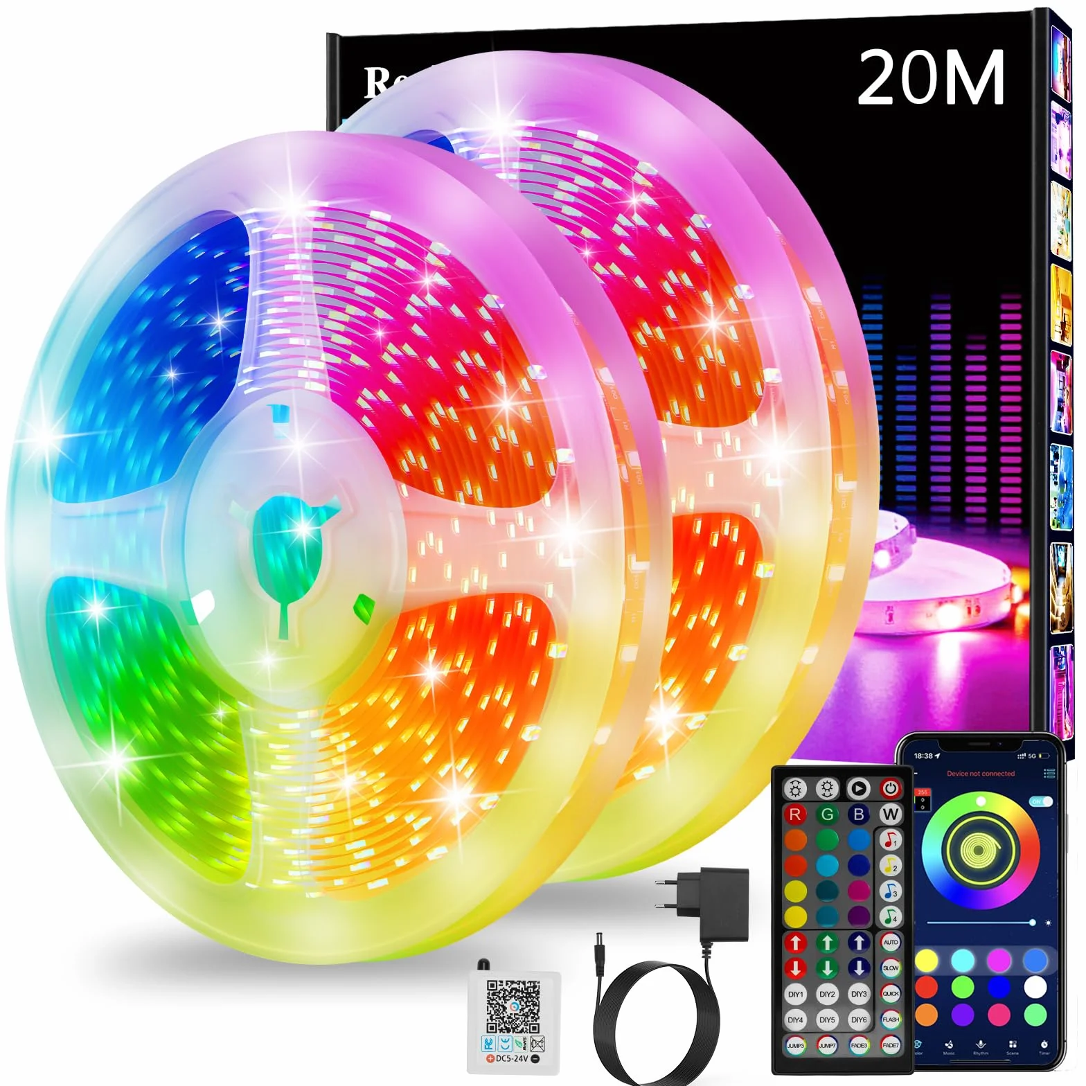 Ruban LED 20m RGB Bluetooth APP Télécommande 44 Touches Bande Lumineuse Chambre Décoration Gaming