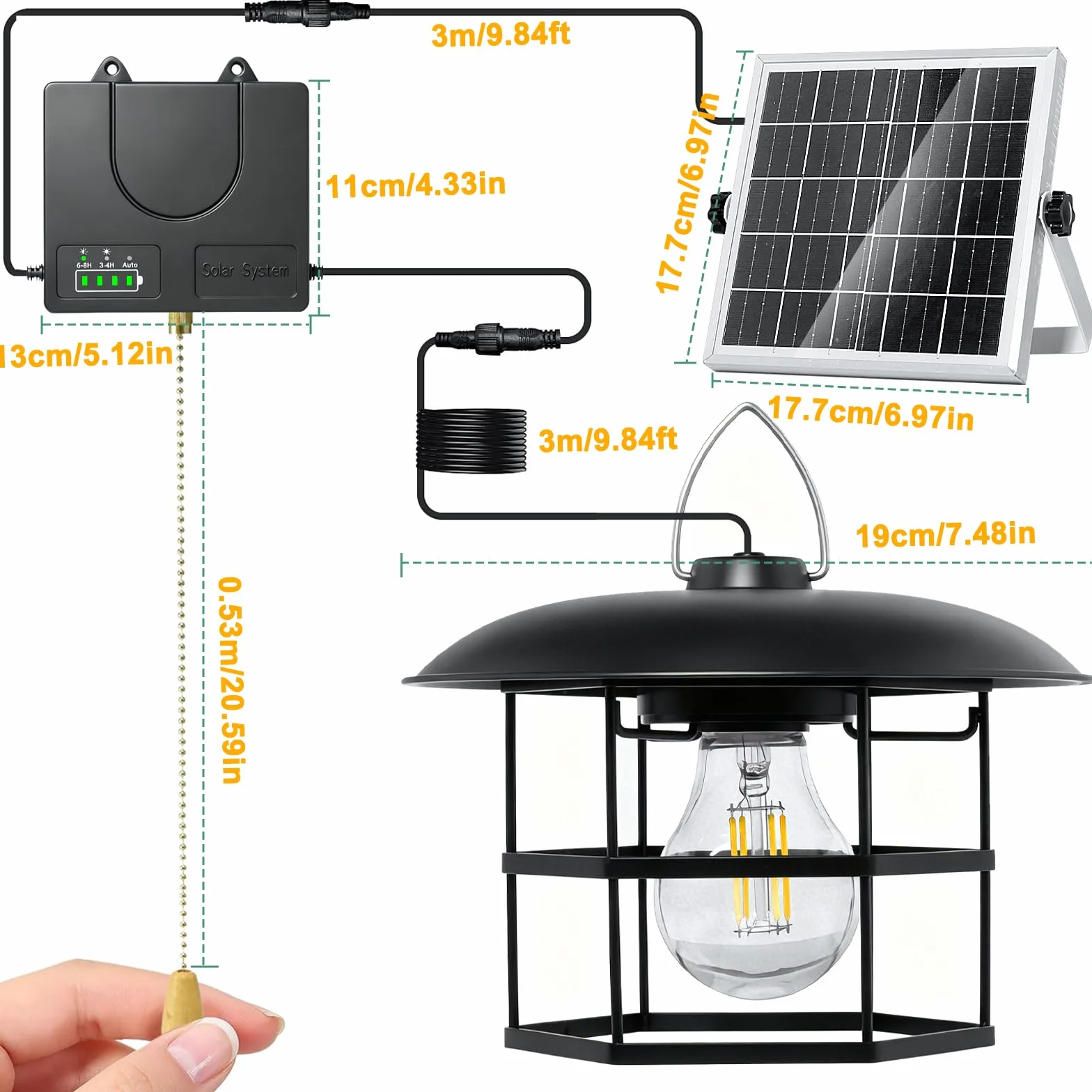 Lampe Solaire Extérieur 3000LM IP65 Lampe Suspendue Étanche pour Jardin Terrasse Balcon