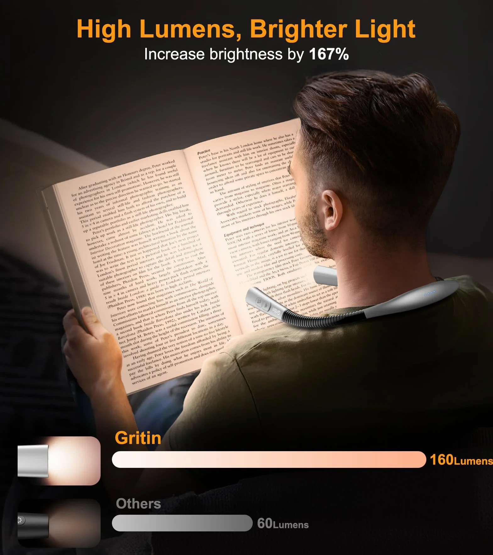 Gritin Lampe de Lecture de Cou Rechargeable, 4 Couleurs Protection des Yeux, 5 Luminosité, Gradation en Continu, Minuterie 30-min, 80H Autonomie