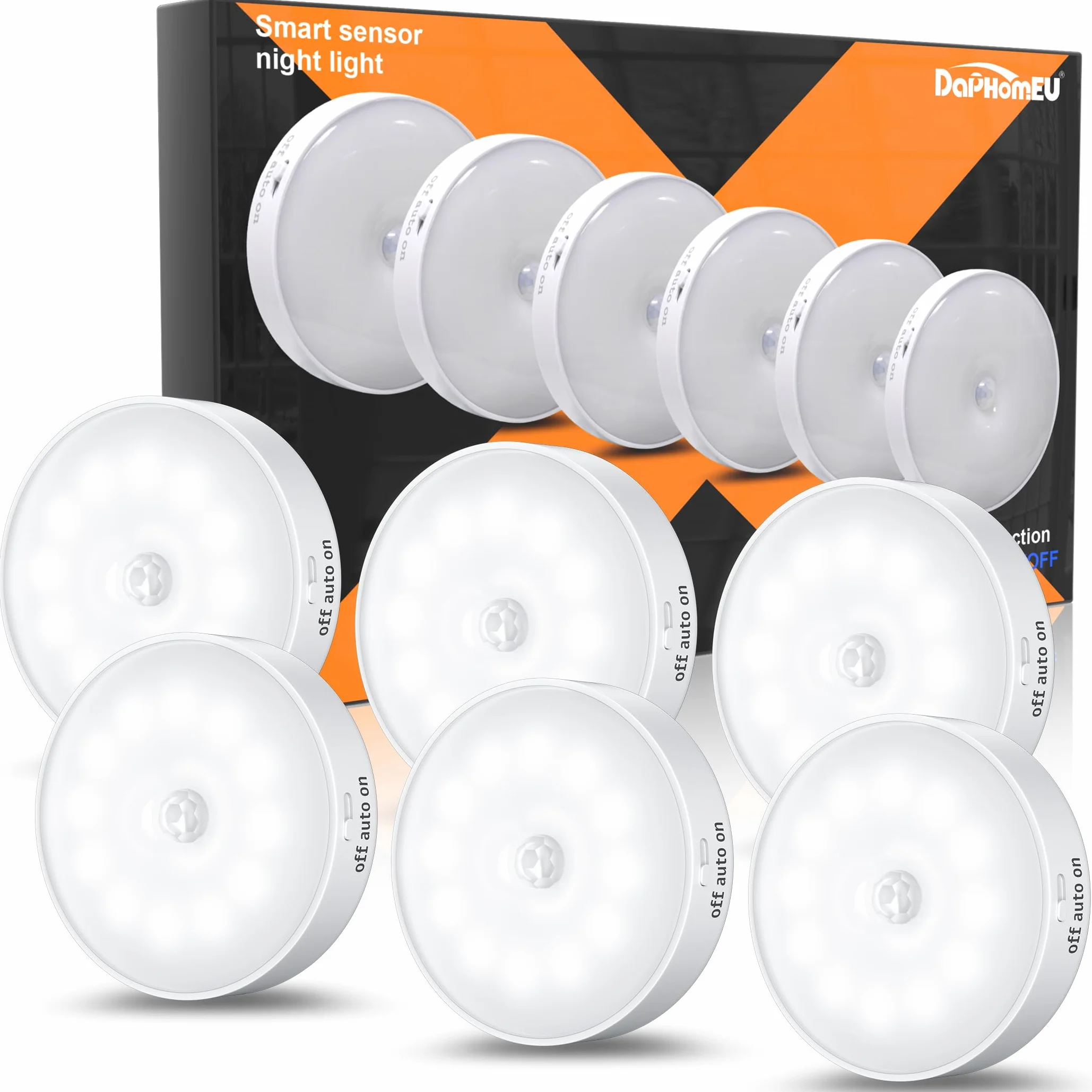 daphomeu Lot de 6 veilleuses LED rechargeables USB avec détecteur de mouvement, 3 modes d'éclairage pour escalier, couloir, chambre, cuisine